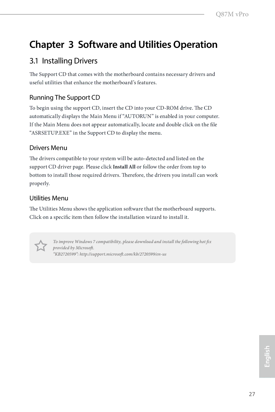 ASRock Q87M vPro manual Installing Drivers, Running The Support CD, Drivers Menu, Utilities Menu 