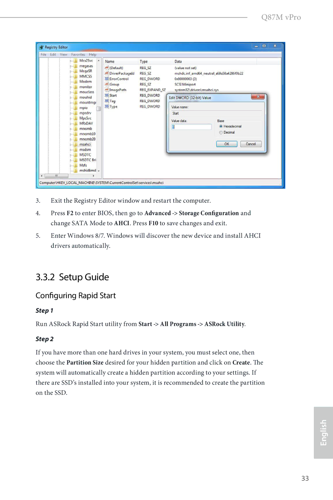 ASRock Q87M vPro manual Setup Guide, Configuring Rapid Start 