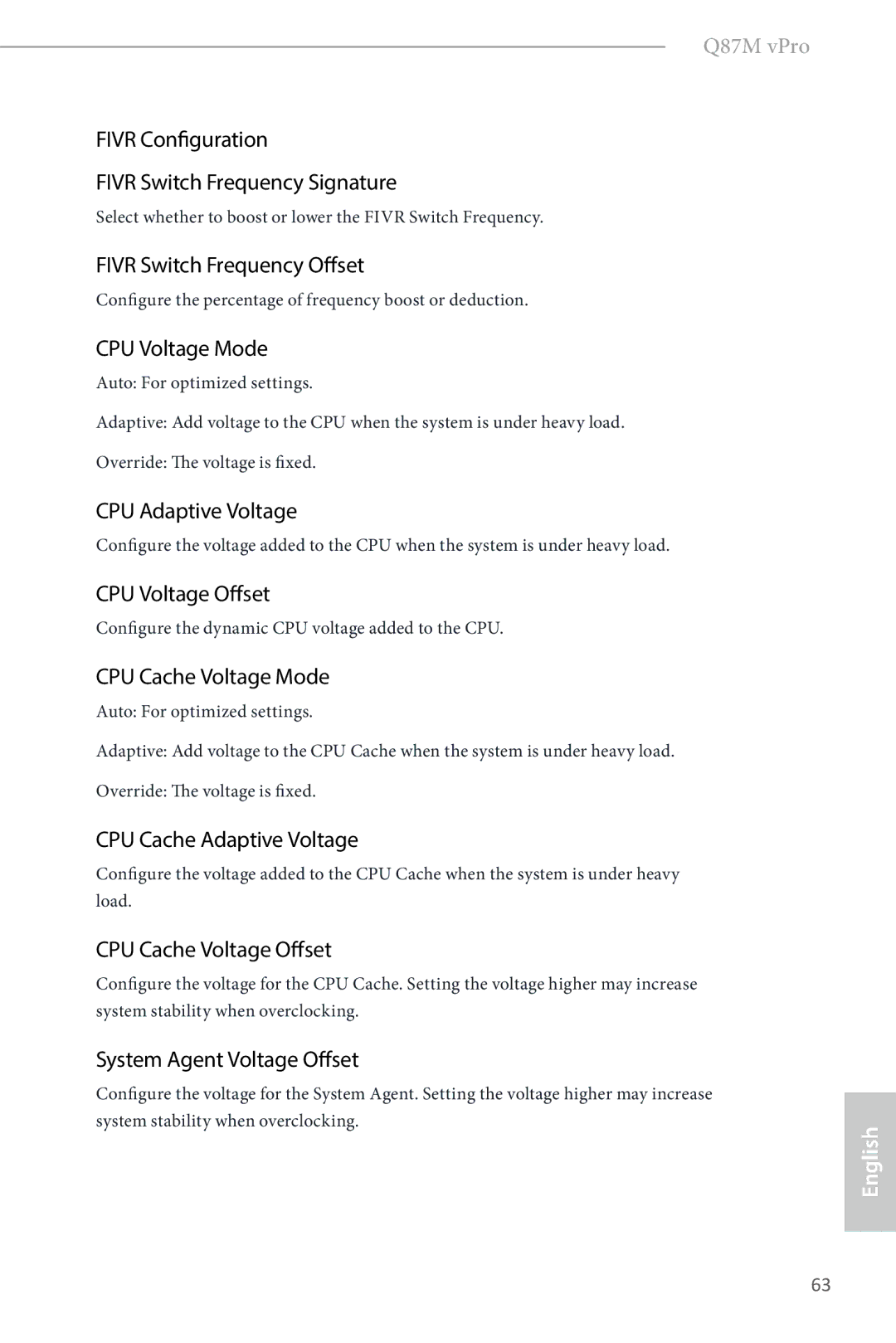 ASRock Q87M vPro manual Fivr Configuration Fivr Switch Frequency Signature, Fivr Switch Frequency Offset, CPU Voltage Mode 