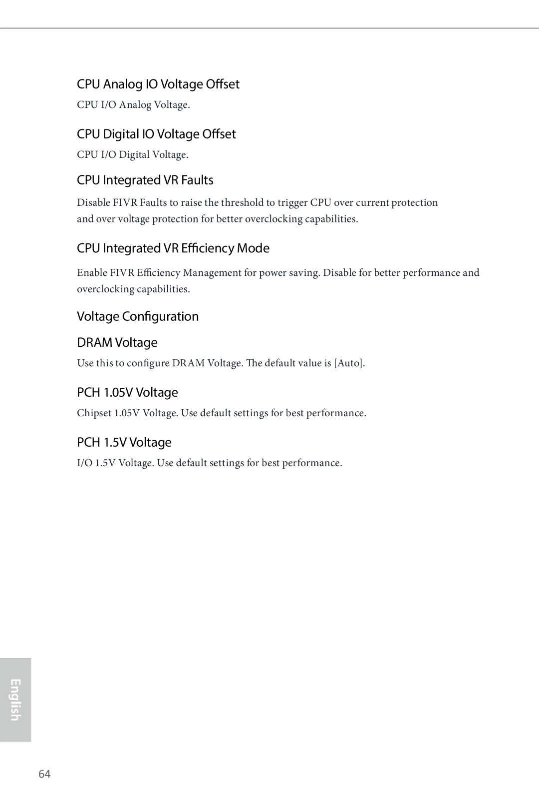 ASRock Q87M vPro CPU Analog IO Voltage Offset, CPU Digital IO Voltage Offset, CPU Integrated VR Faults, PCH 1.05V Voltage 