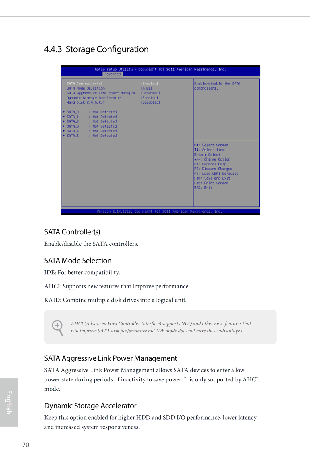 ASRock Q87M vPro manual Storage Configuration, Sata Controllers, Sata Mode Selection, Sata Aggressive Link Power Management 