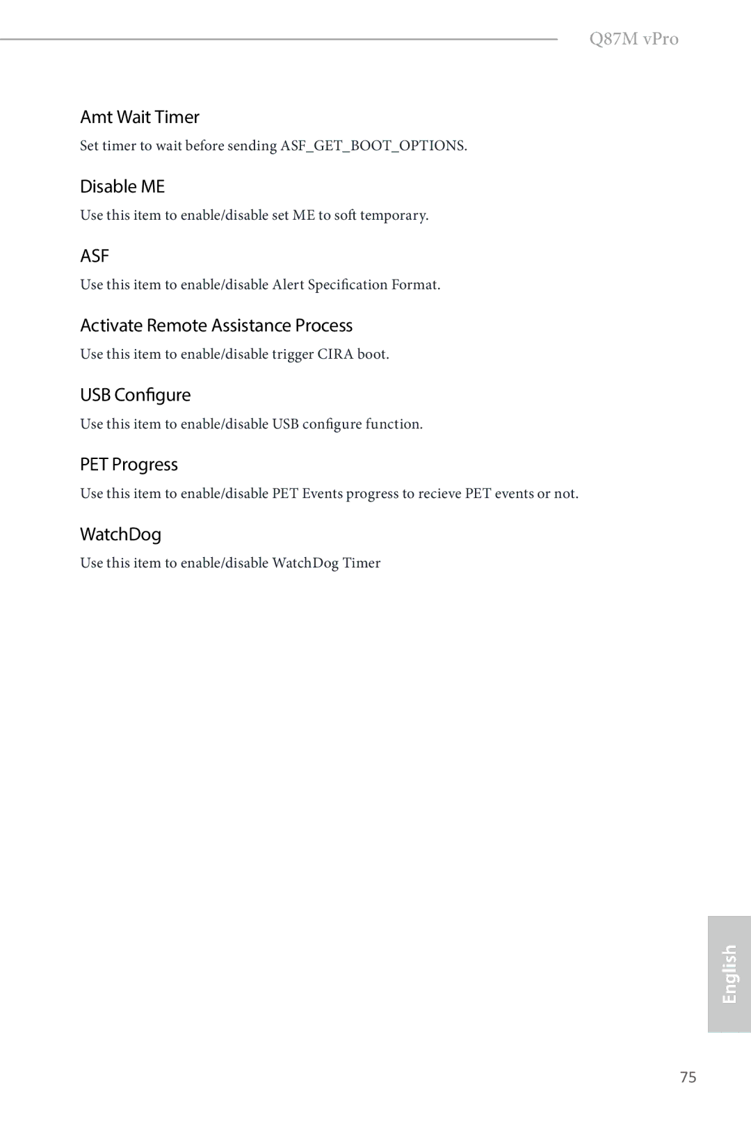 ASRock Q87M vPro Amt Wait Timer, Disable ME, Activate Remote Assistance Process, USB Configure, PET Progress, WatchDog 