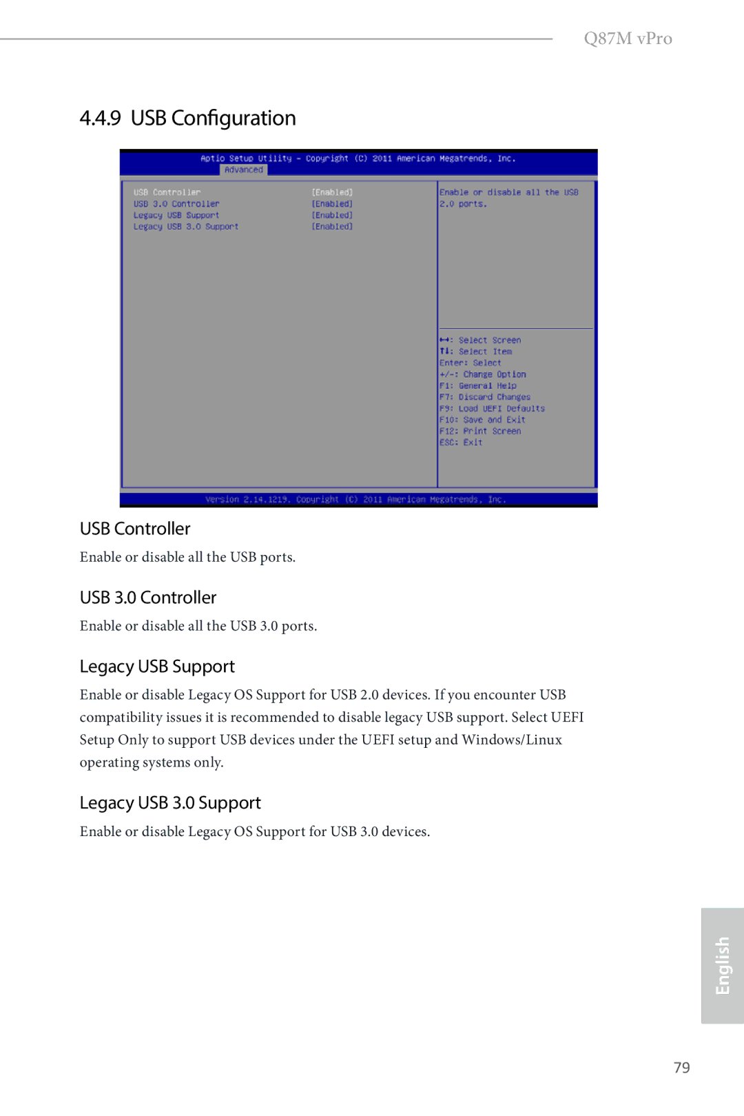 ASRock Q87M vPro manual USB Configuration, USB Controller, USB 3.0 Controller, Legacy USB Support, Legacy USB 3.0 Support 