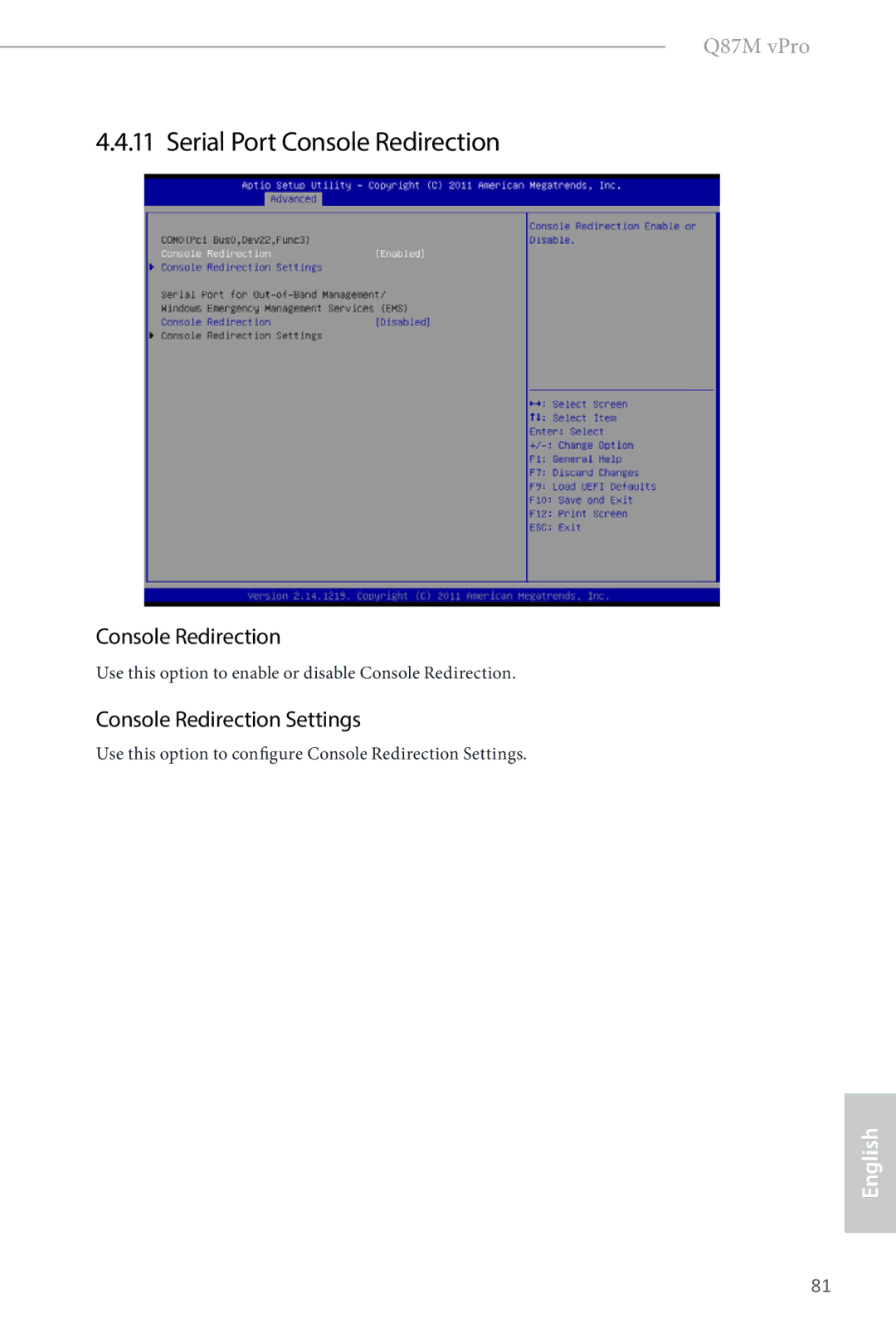 ASRock Q87M vPro manual Serial Port Console Redirection, Console Redirection Settings 