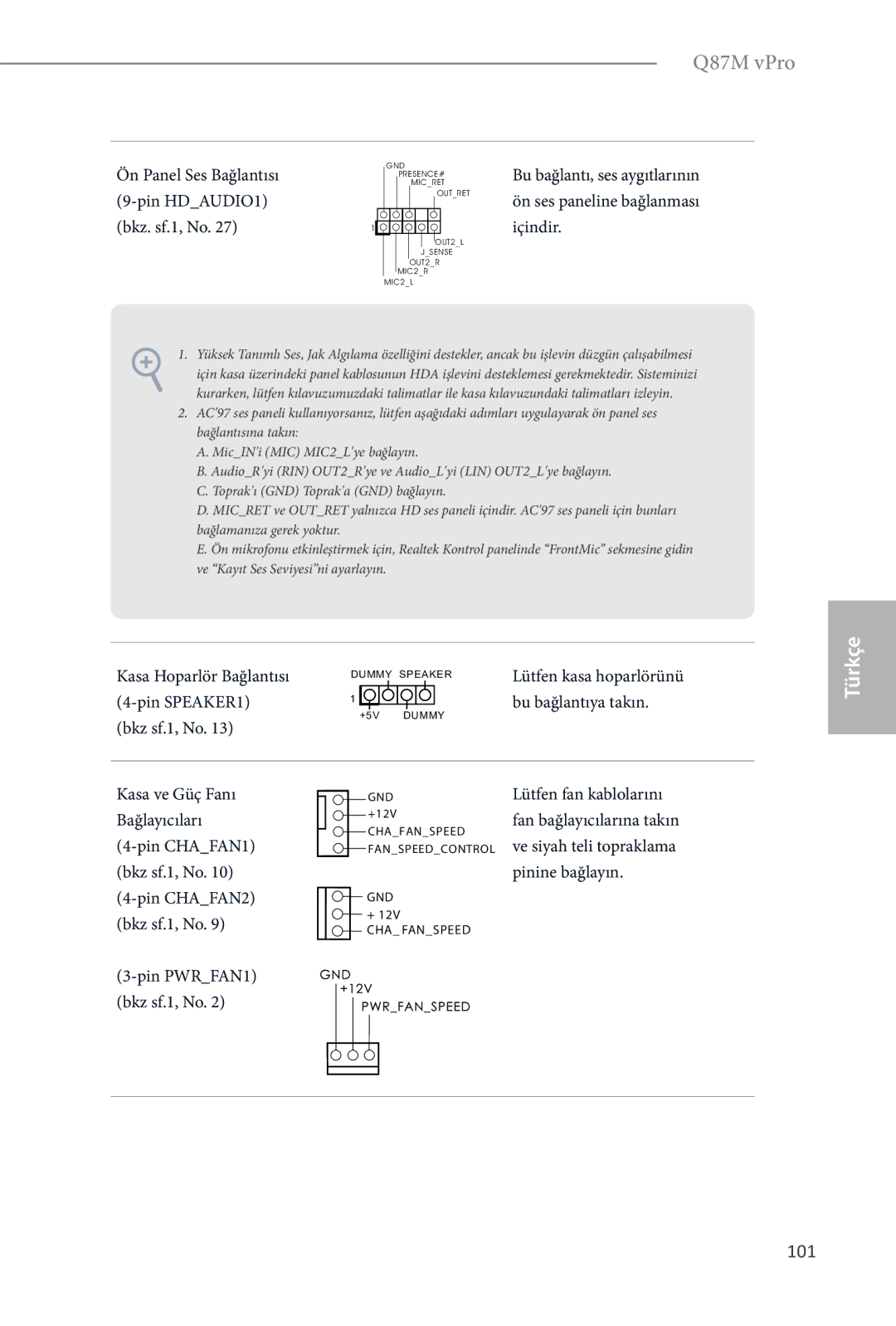 ASRock Q87M vPro manual Kasa Hoparlör Bağlantısı, Pin SPEAKER1 Bu bağlantıya takın Bkz sf.1, No 