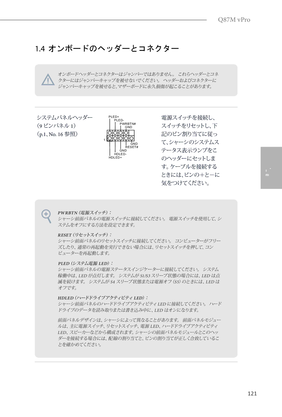 ASRock Q87M vPro manual オンボードのヘッダーとコネクター 