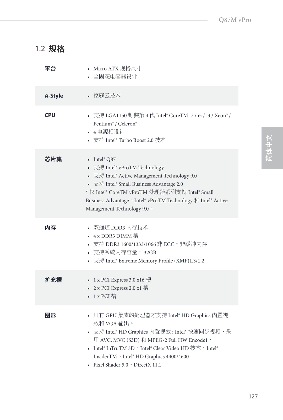 ASRock Q87M vPro Micro ATX 规格尺寸, Pentium / Celeron, 支持 Intel Turbo Boost 2.0 技术, 支持 Intel vProTM Technology, DDR3 Dimm 槽 