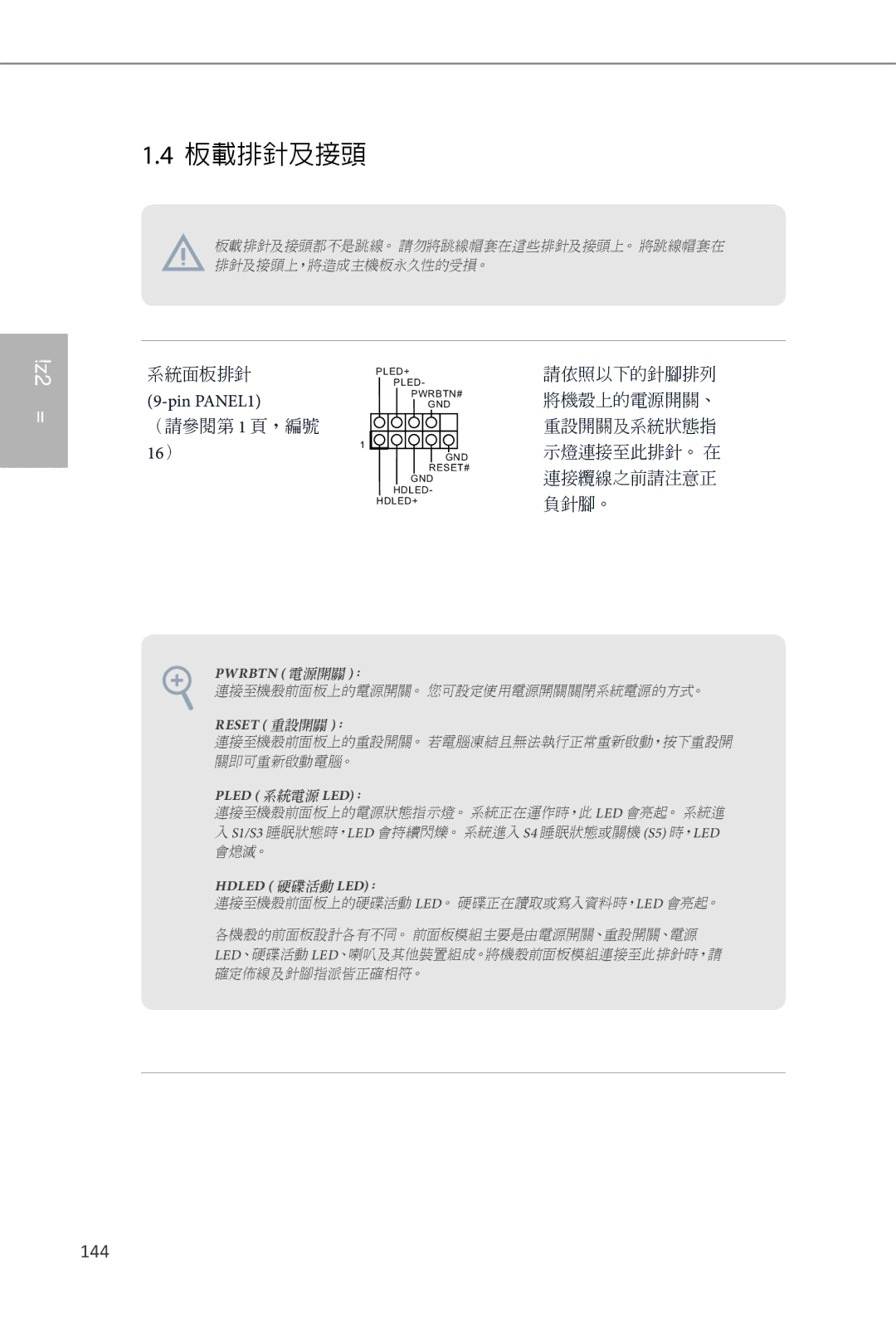 ASRock Q87M vPro manual 16）, Pwrbtn 電源開關 ：, Reset 重設開關 ：, Pled 系統電源 LED：, Hdled 硬碟活動 LED： 