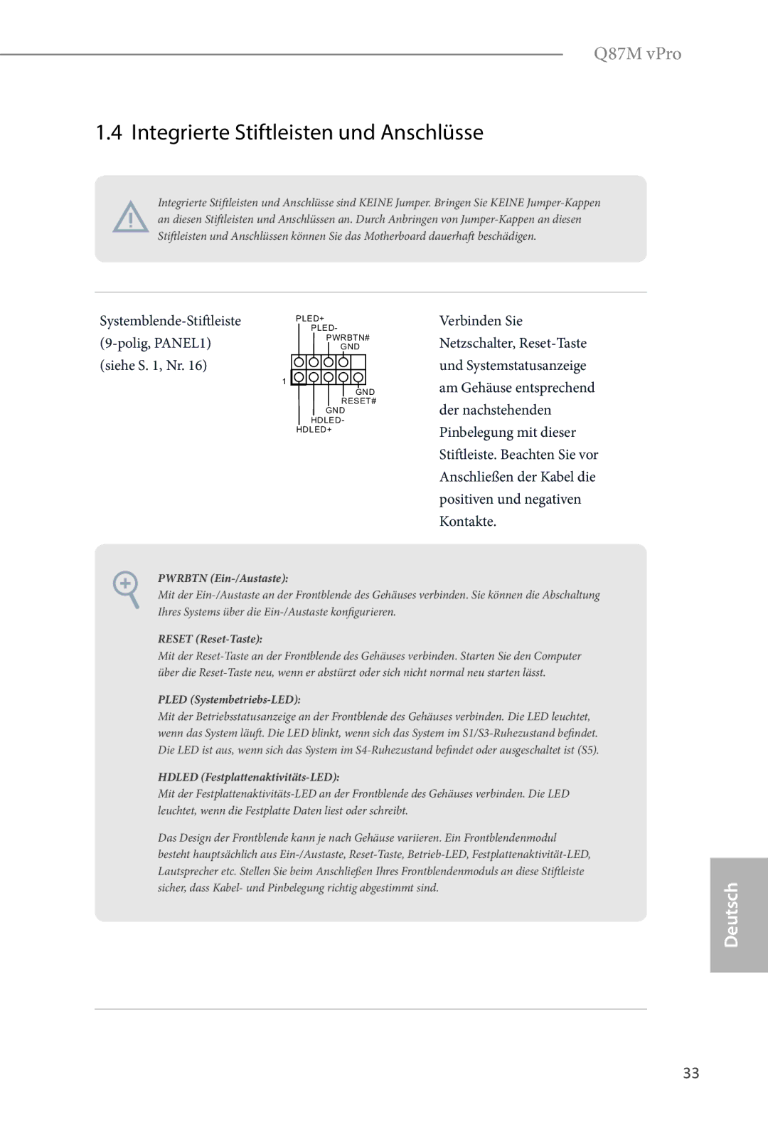 ASRock Q87M vPro manual Integrierte Stiftleisten und Anschlüsse, Systemblende-Stiftleiste Polig, PANEL1 Siehe S , Nr 