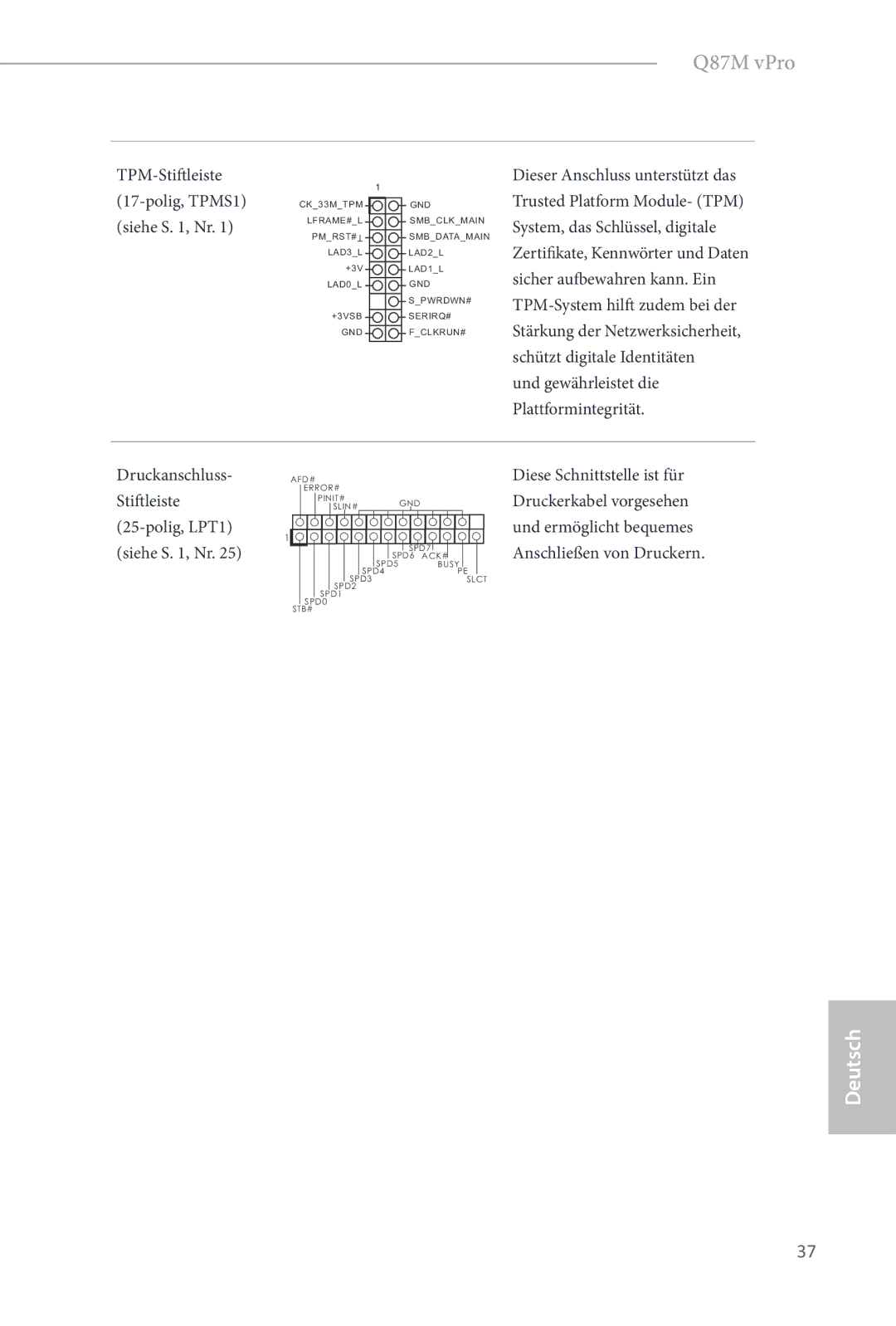 ASRock Q87M vPro manual TPM-Stiftleiste Polig, TPMS1 Siehe S , Nr 