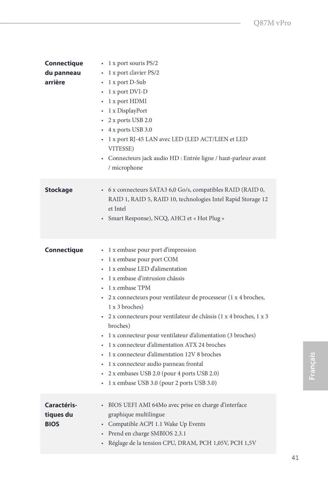 ASRock Q87M vPro manual Connectique, Du panneau, Arrière, Stockage, Caractéris, Tiques du 