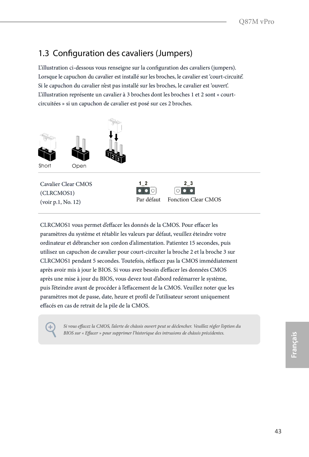 ASRock Q87M vPro Configuration des cavaliers Jumpers, Cavalier Clear Cmos, Par défaut Fonction Clear Cmos, Voir p.1, No 