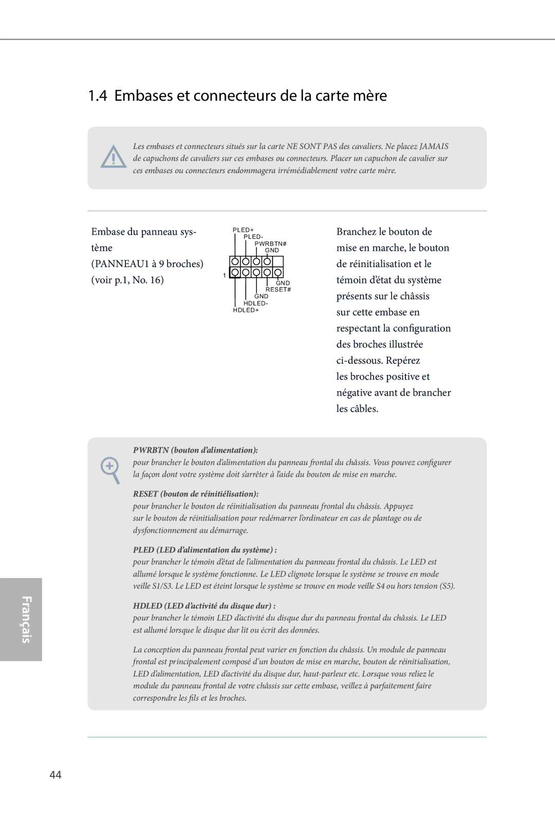 ASRock Q87M vPro manual Embases et connecteurs de la carte mère, Embase du panneau sys, Tème 