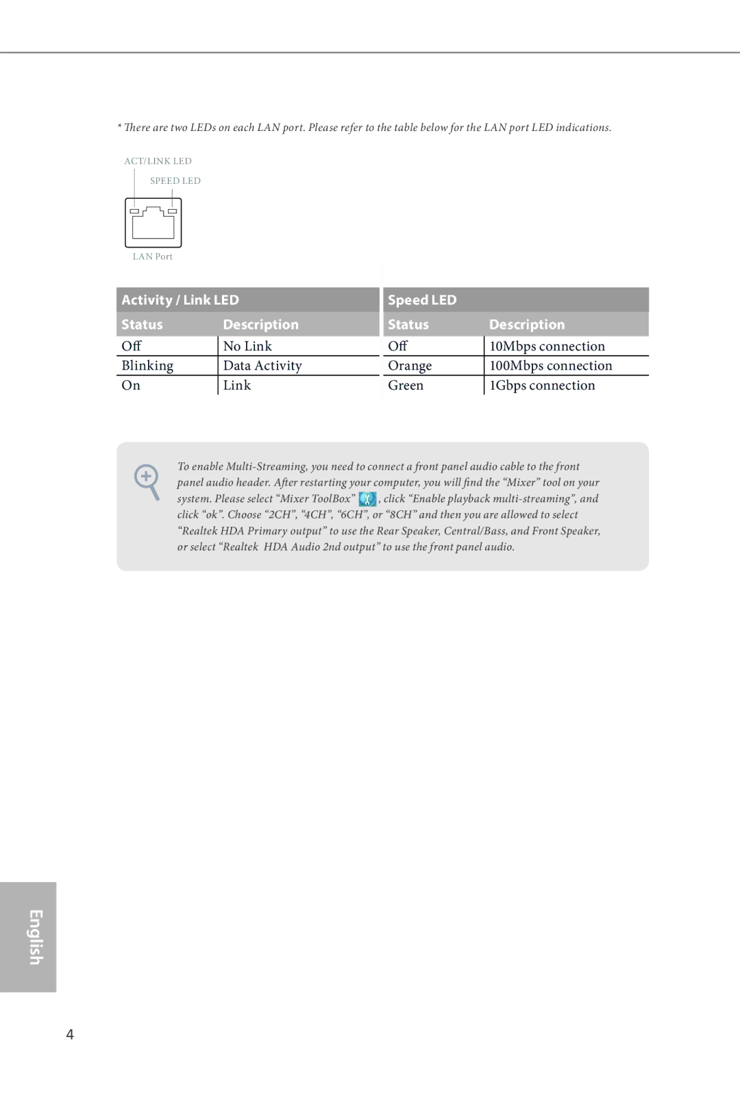 ASRock Q87M vPro manual Off No Link Blinking Data Activity, Speed LED Status Description 