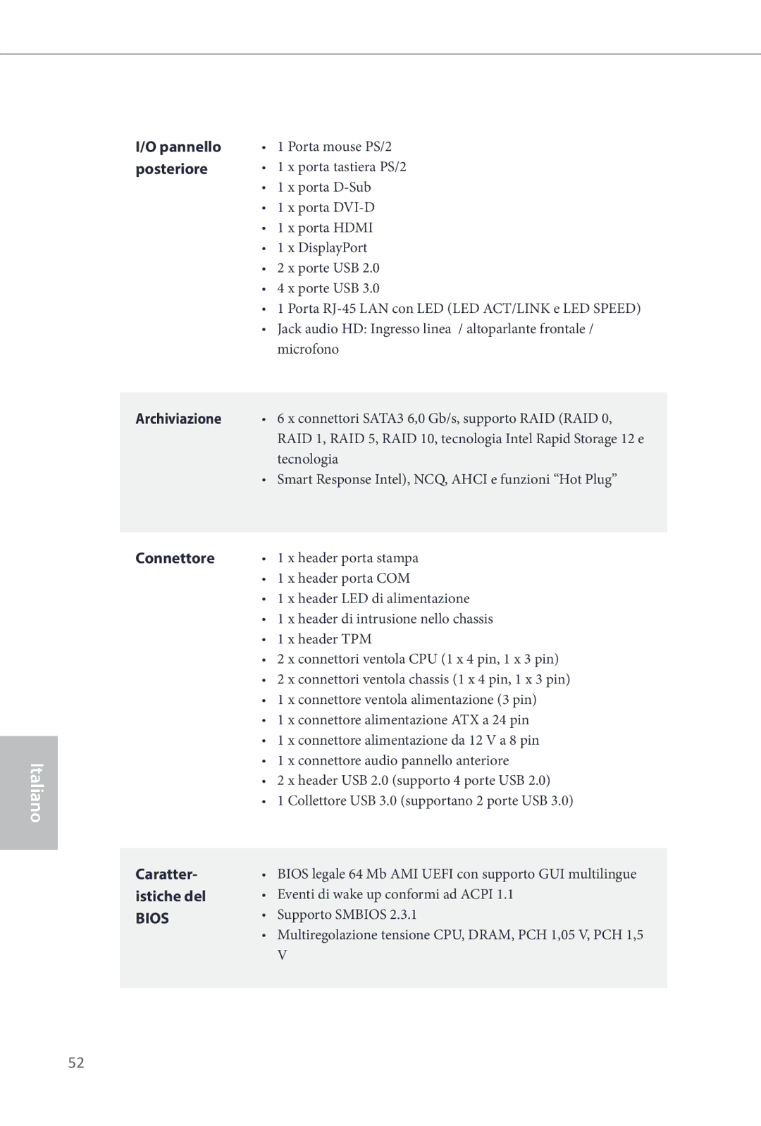 ASRock Q87M vPro manual Pannello posteriore, Archiviazione, Connettore, Caratter, Istiche del 