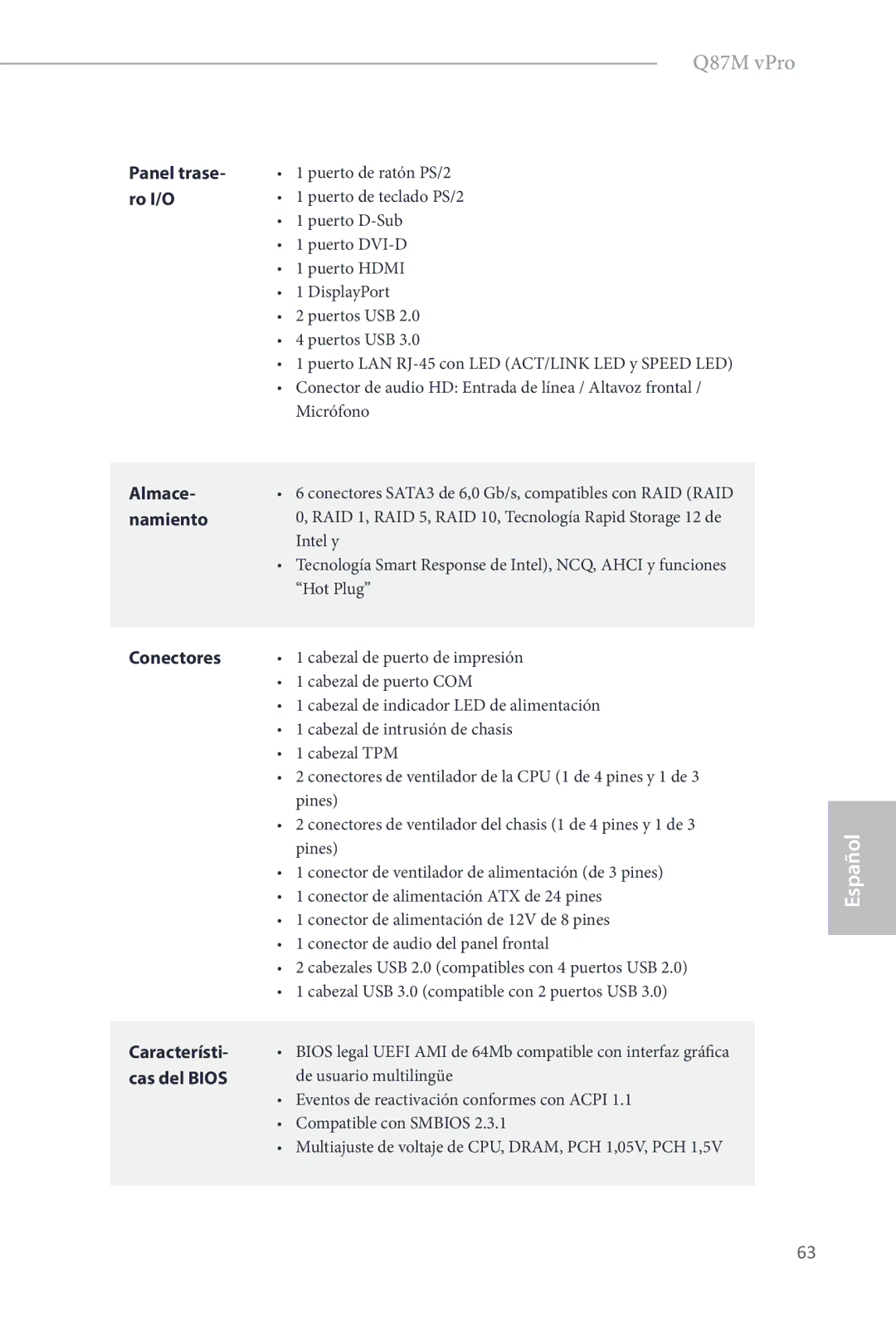 ASRock Q87M vPro manual Almace, Namiento, Intel y, Hot Plug, Conectores 