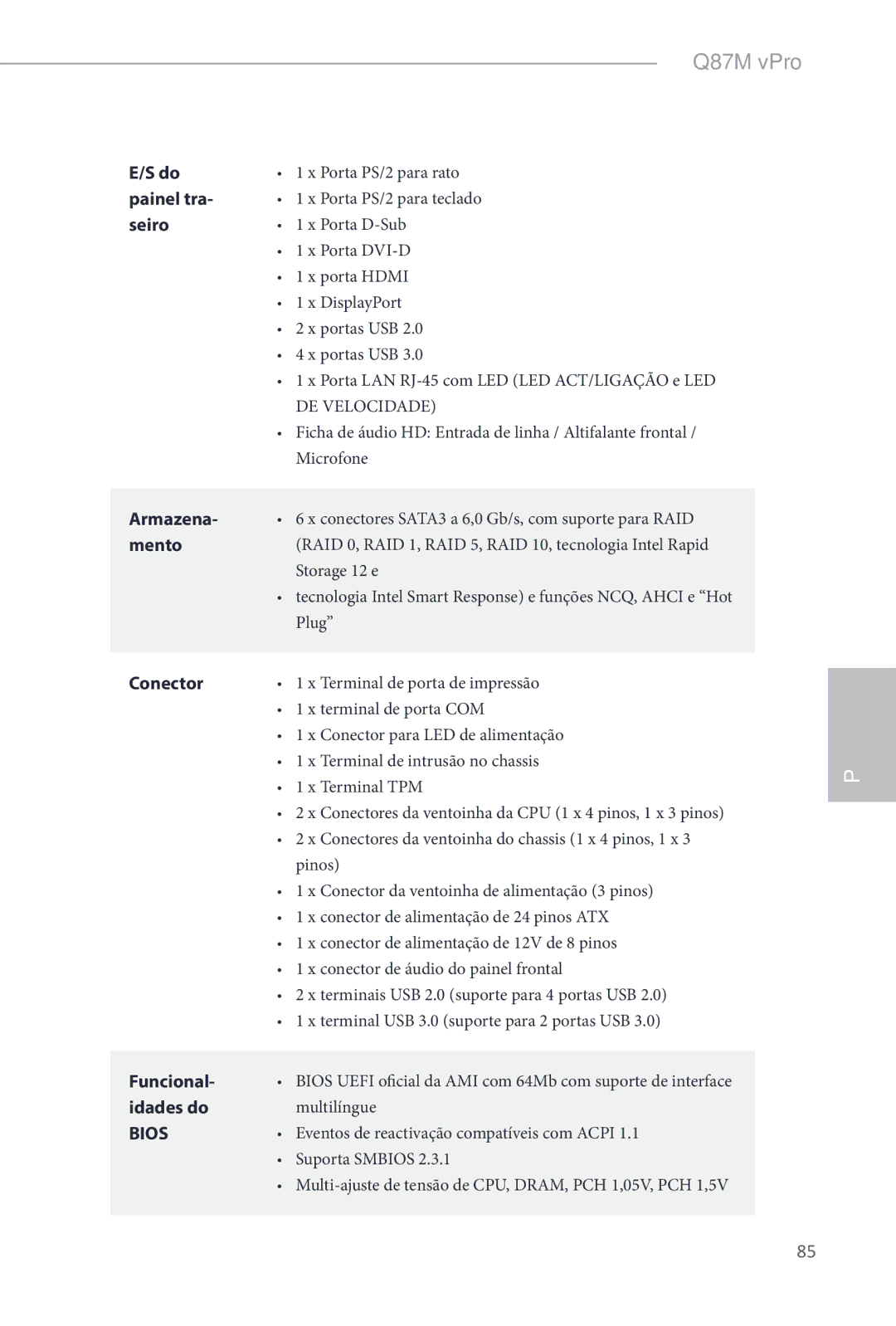 ASRock Q87M vPro manual Painel tra, Seiro, Armazena, Mento, Conector, Funcional, Idades do 