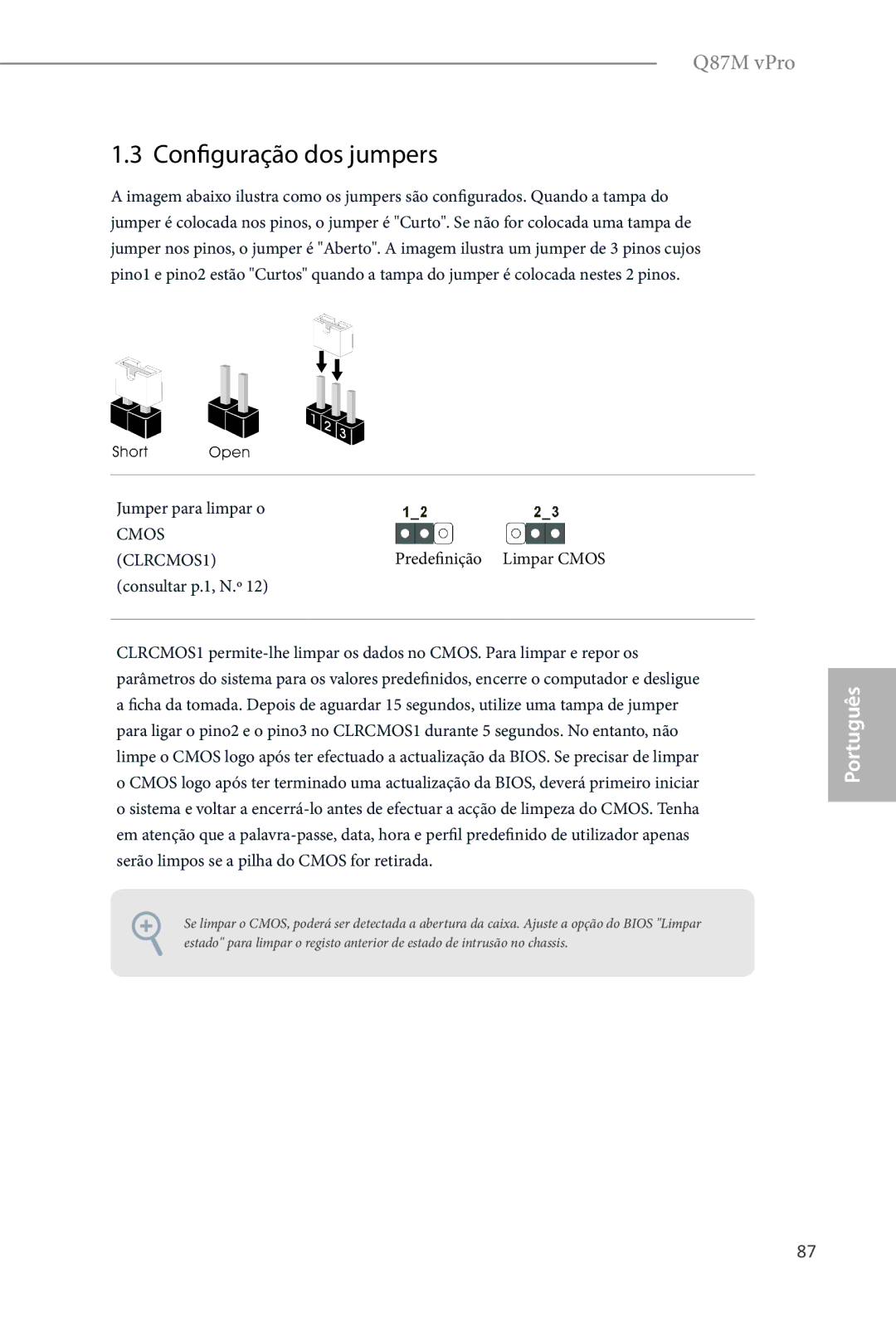 ASRock Q87M vPro manual Configuração dos jumpers, Jumper para limpar o, Predefinição Limpar Cmos, Consultar p.1, N.º 