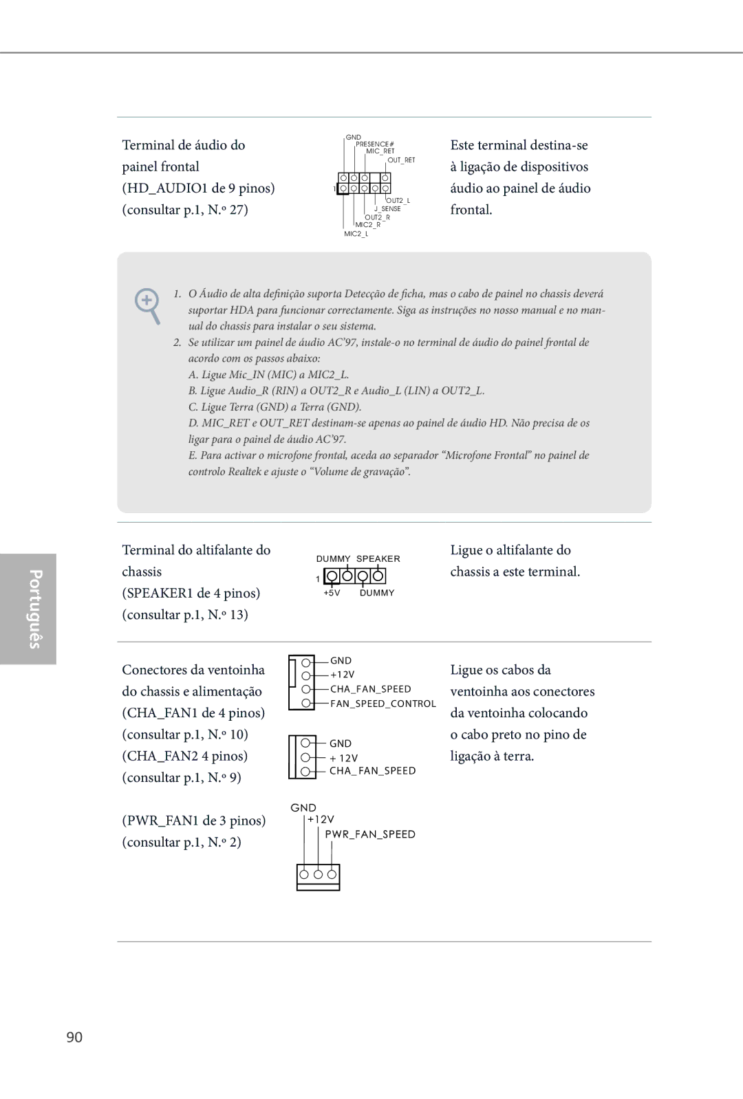 ASRock Q87M vPro manual Terminal de áudio do, Painel frontal, HDAUDIO1 de 9 pinos, Terminal do altifalante do, Chassis 