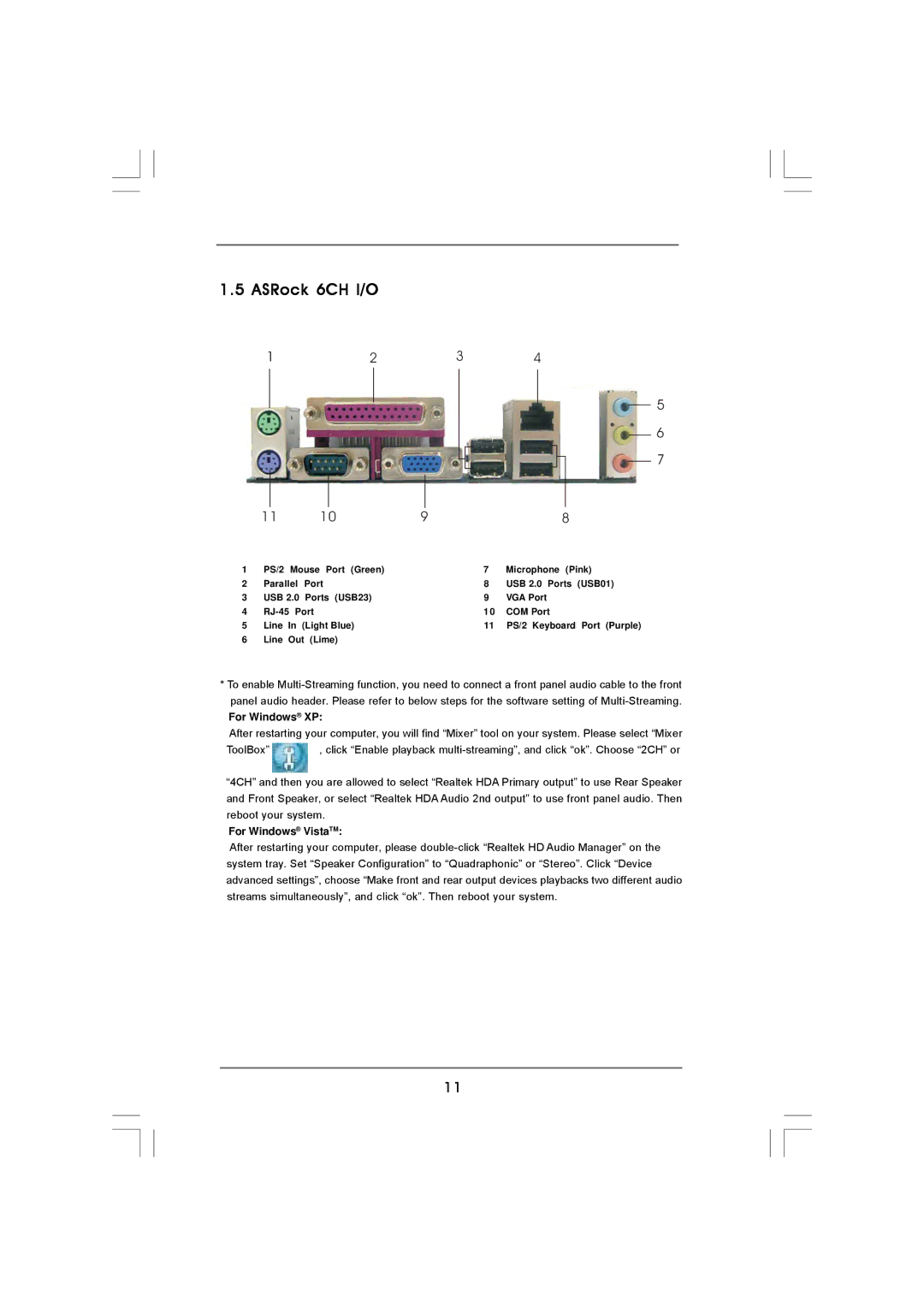 ASRock Version 1.0 manual ASRock 6CH I/O, For Windows XP 