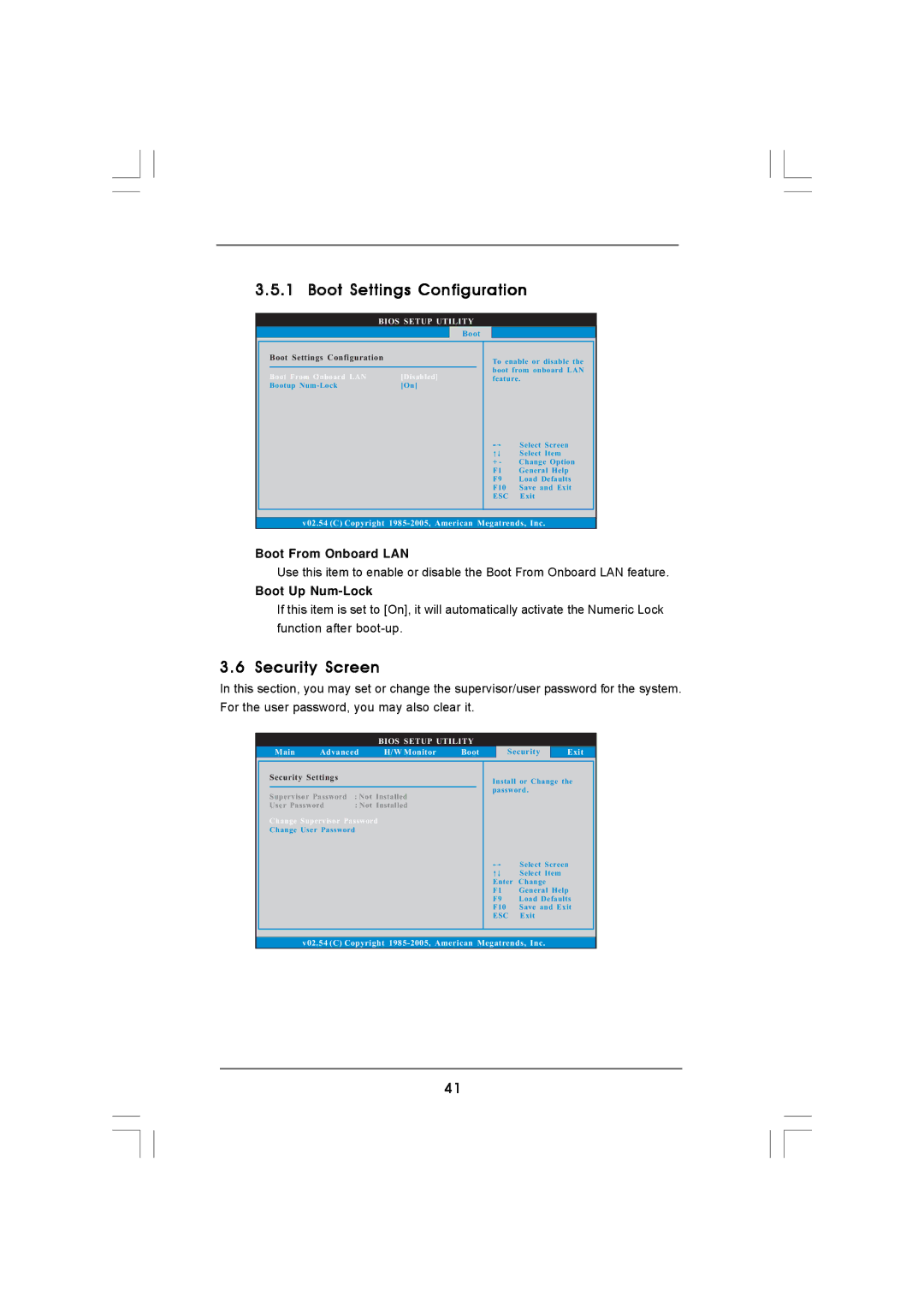 ASRock Version 1.0 manual Boot Settings Configuration, Security Screen, Boot From Onboard LAN, Boot Up Num-Lock 