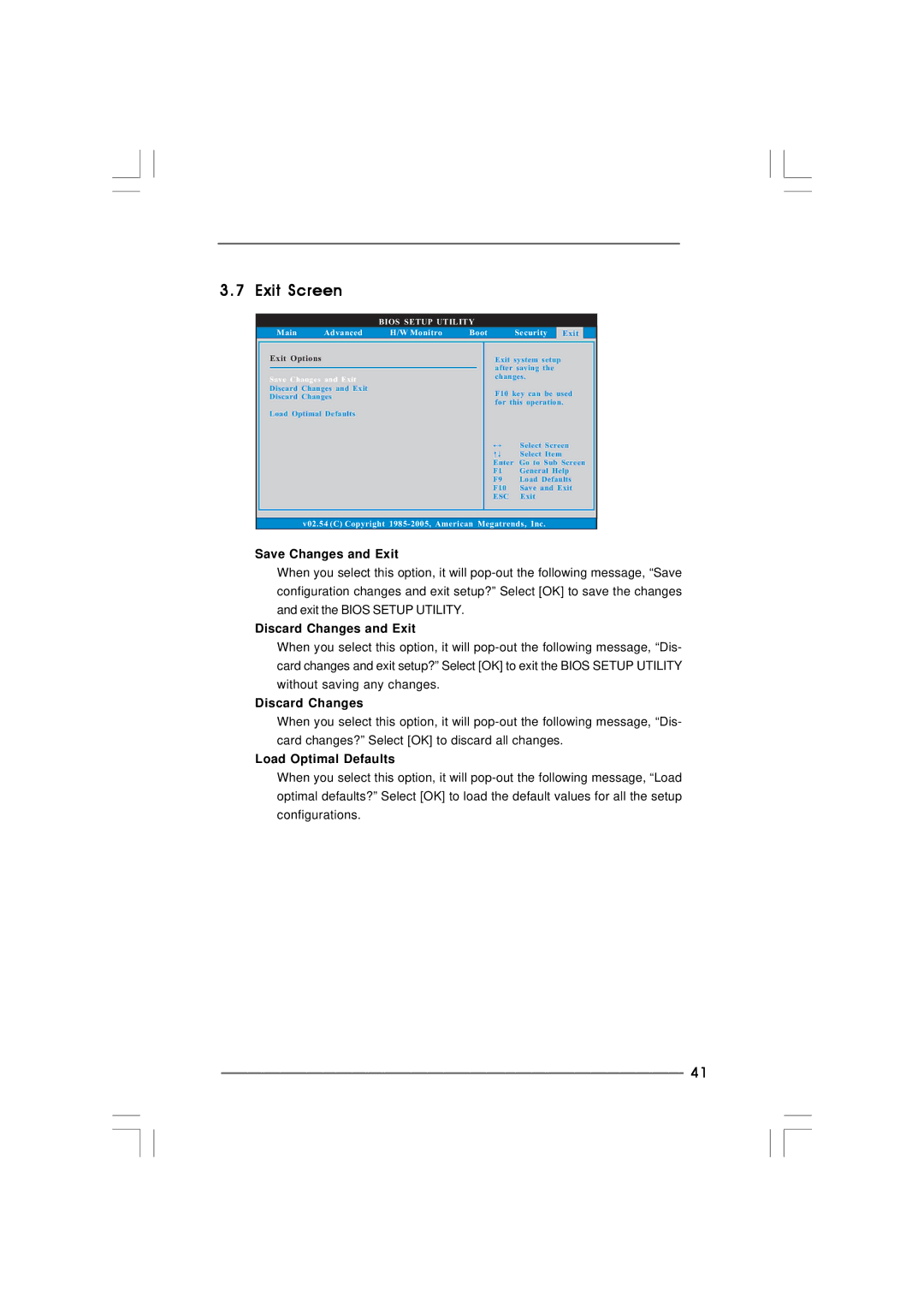 ASRock Wolfdale1333-GLAN manual Exit Screen, Save Changes and Exit, Discard Changes and Exit, Load Optimal Defaults 