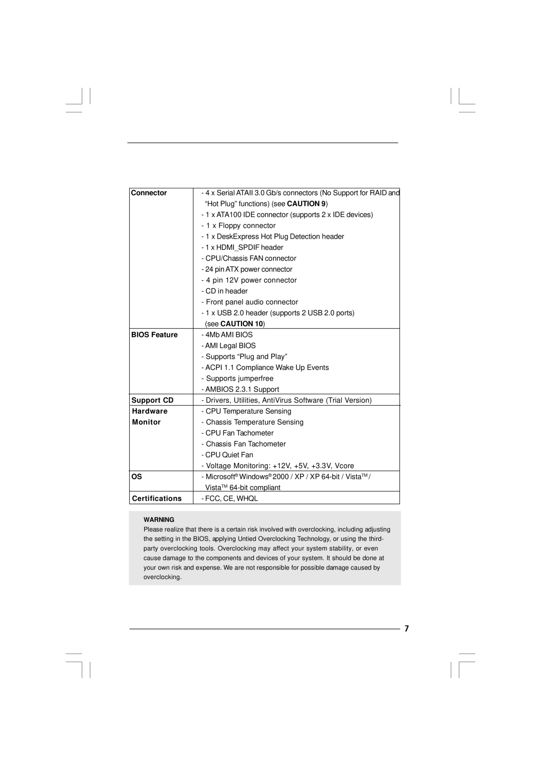 ASRock Wolfdale1333-GLAN manual Connector, See Caution, Bios Feature, Support CD, Hardware, Monitor, Certifications 