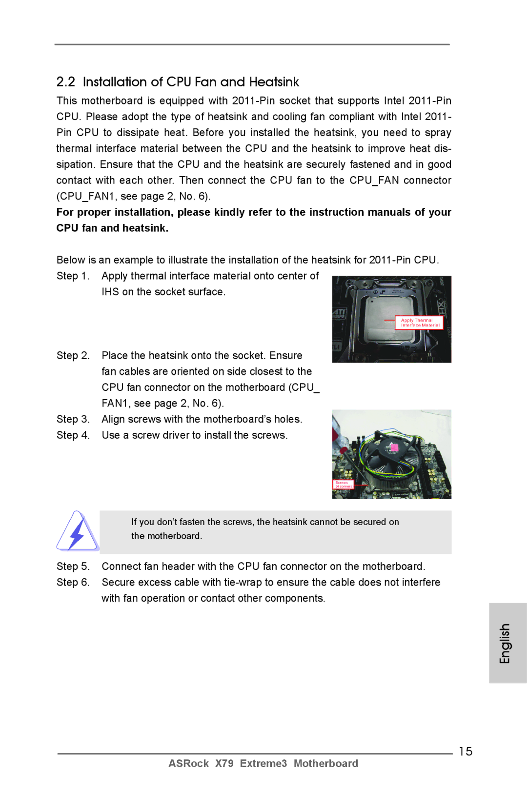 ASRock X79 Extreme3 manual Installation of CPU Fan and Heatsink, With fan operation or contact other components 