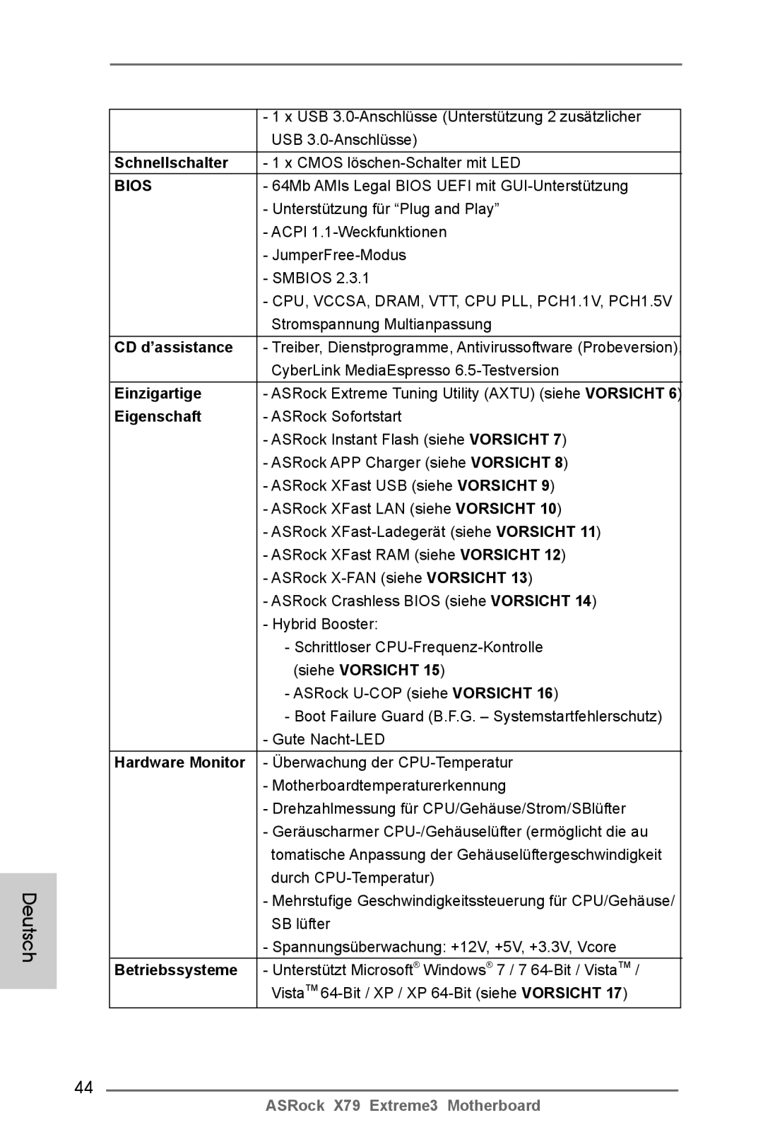 ASRock X79 Extreme3 manual Schnellschalter, CD d’assistance, Einzigartige, Eigenschaft, Hardware Monitor 