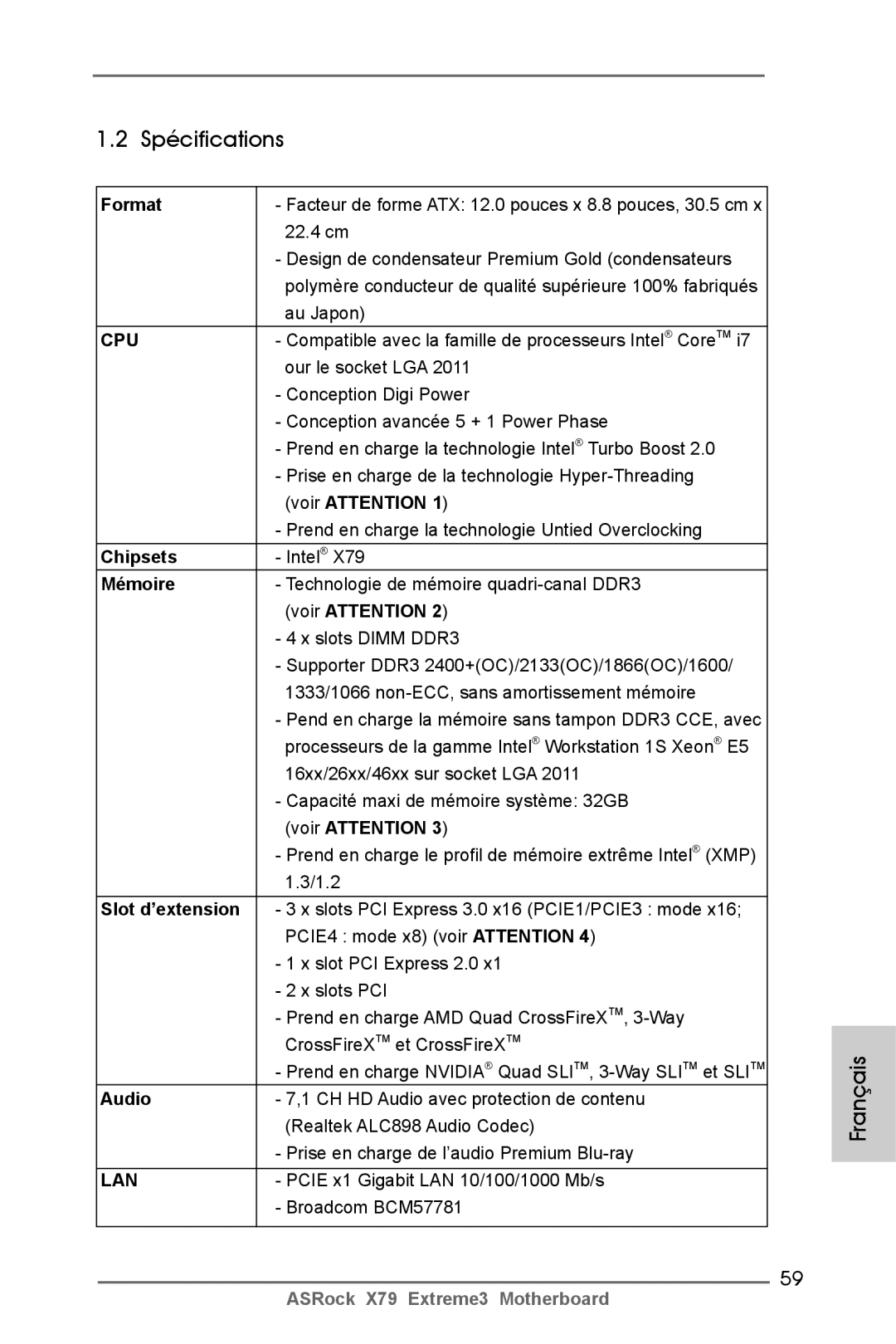 ASRock X79 Extreme3 manual Spécifications 