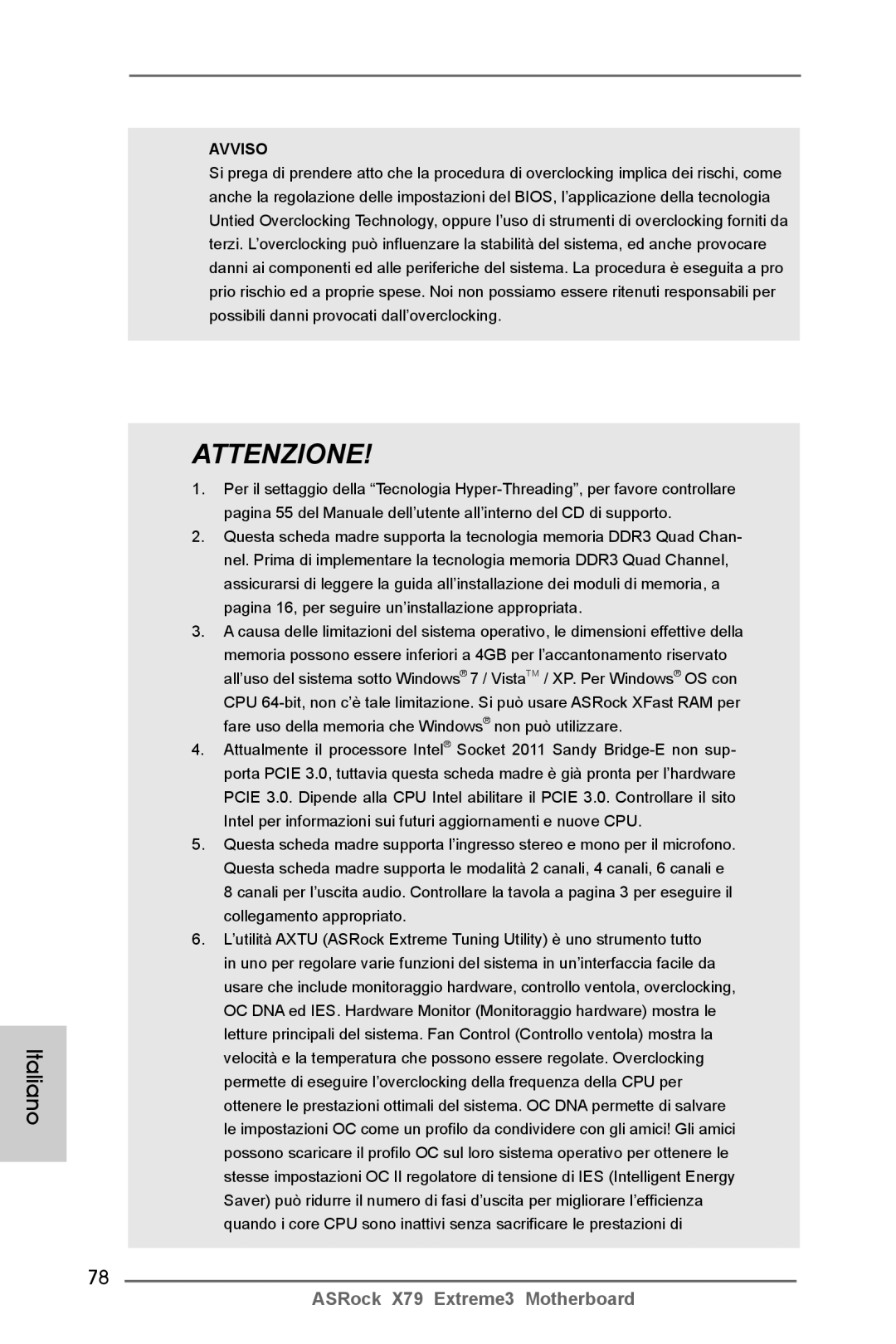 ASRock X79 Extreme3 manual Attenzione 