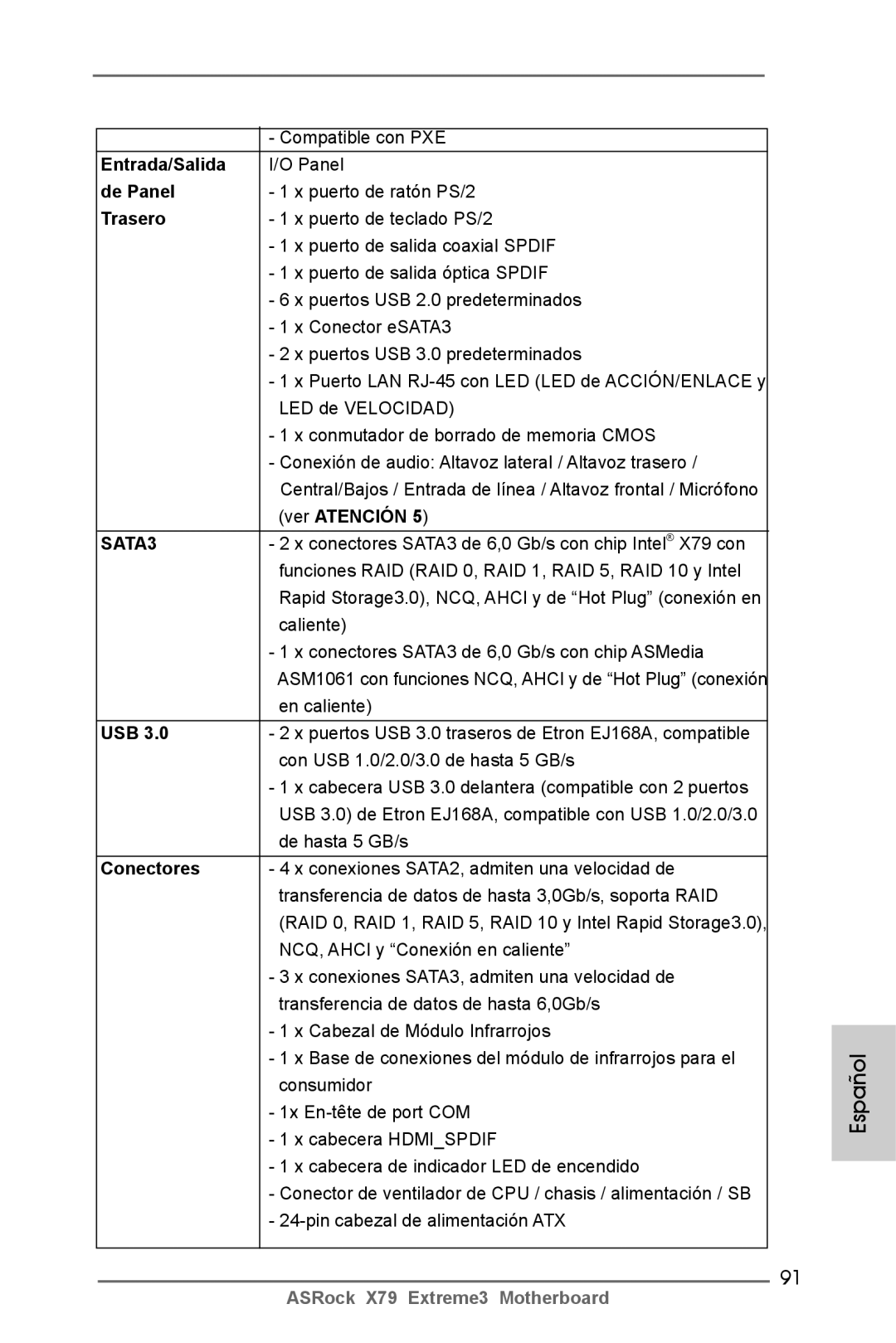 ASRock X79 Extreme3 manual Entrada/Salida, De Panel, Trasero, Conectores 