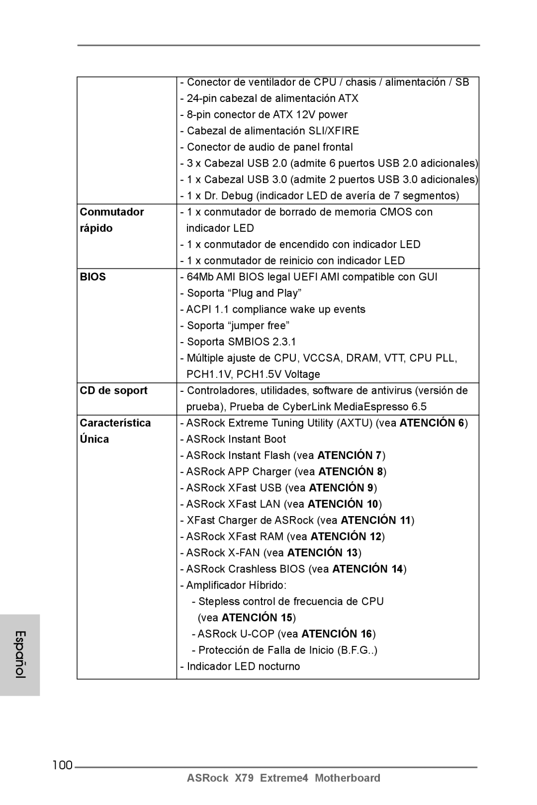 ASRock X79 Extreme4 manual 100, Rápido, CD de soport, Característica, Única 