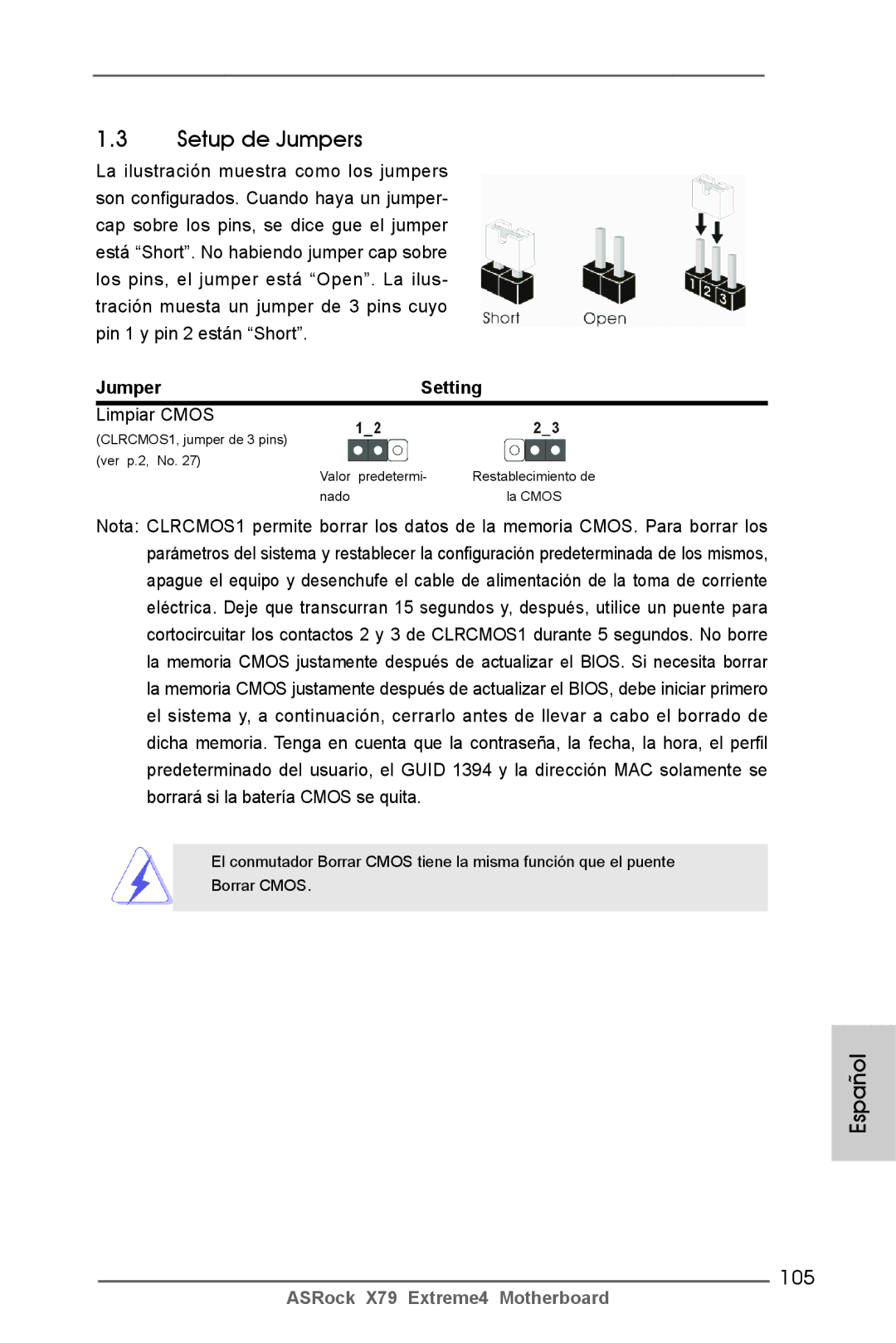 ASRock X79 Extreme4 manual Setup de Jumpers, 105, Jumper Setting, Limpiar Cmos 