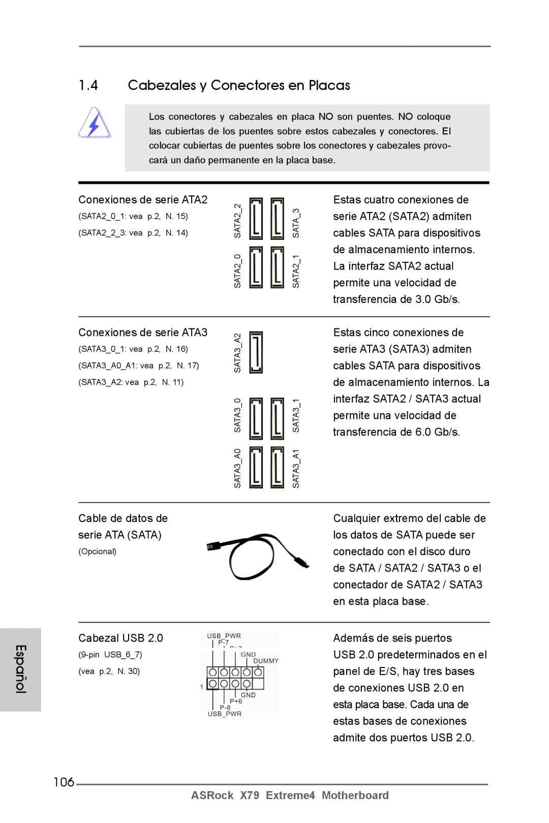 ASRock X79 Extreme4 manual Español Cabezales y Conectores en Placas, 106 