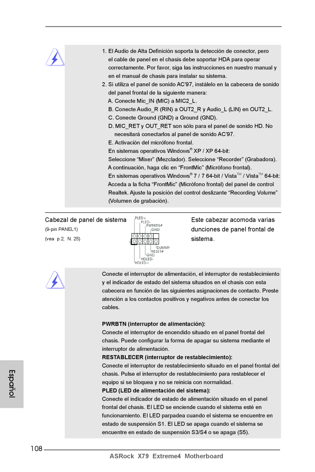 ASRock X79 Extreme4 manual 108, Cabezal de panel de sistema, Sistema 