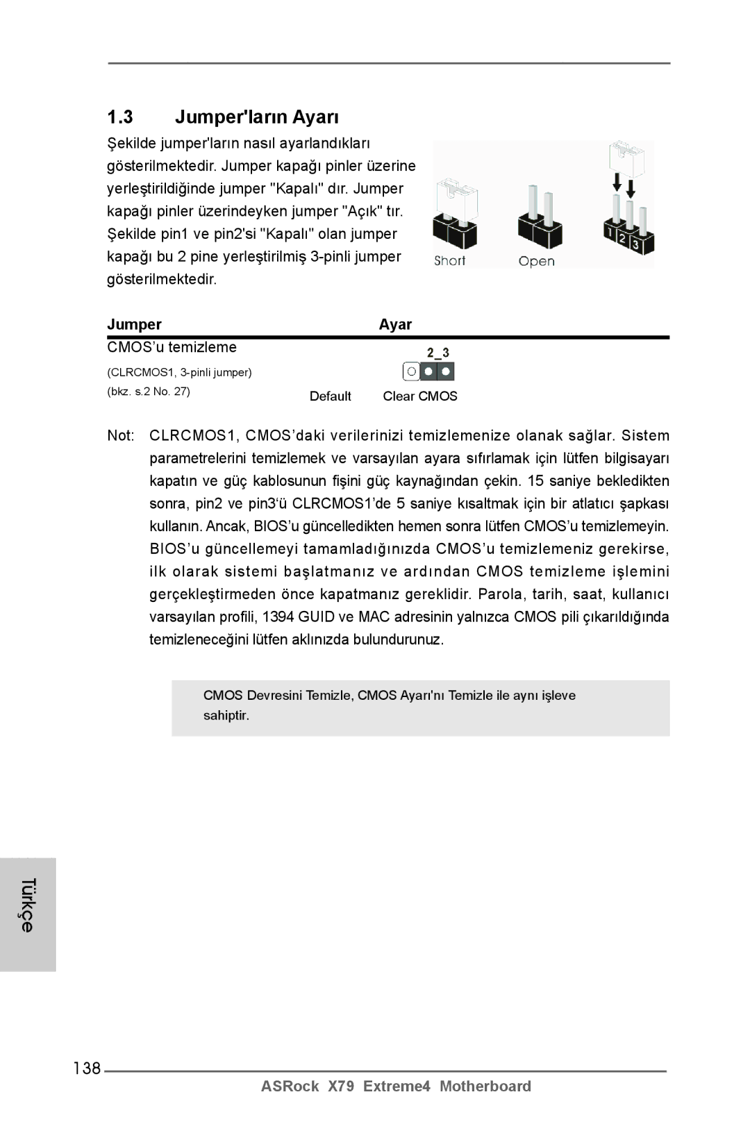 ASRock X79 Extreme4 manual 138, Jumper Ayar, CMOS’u temizleme 