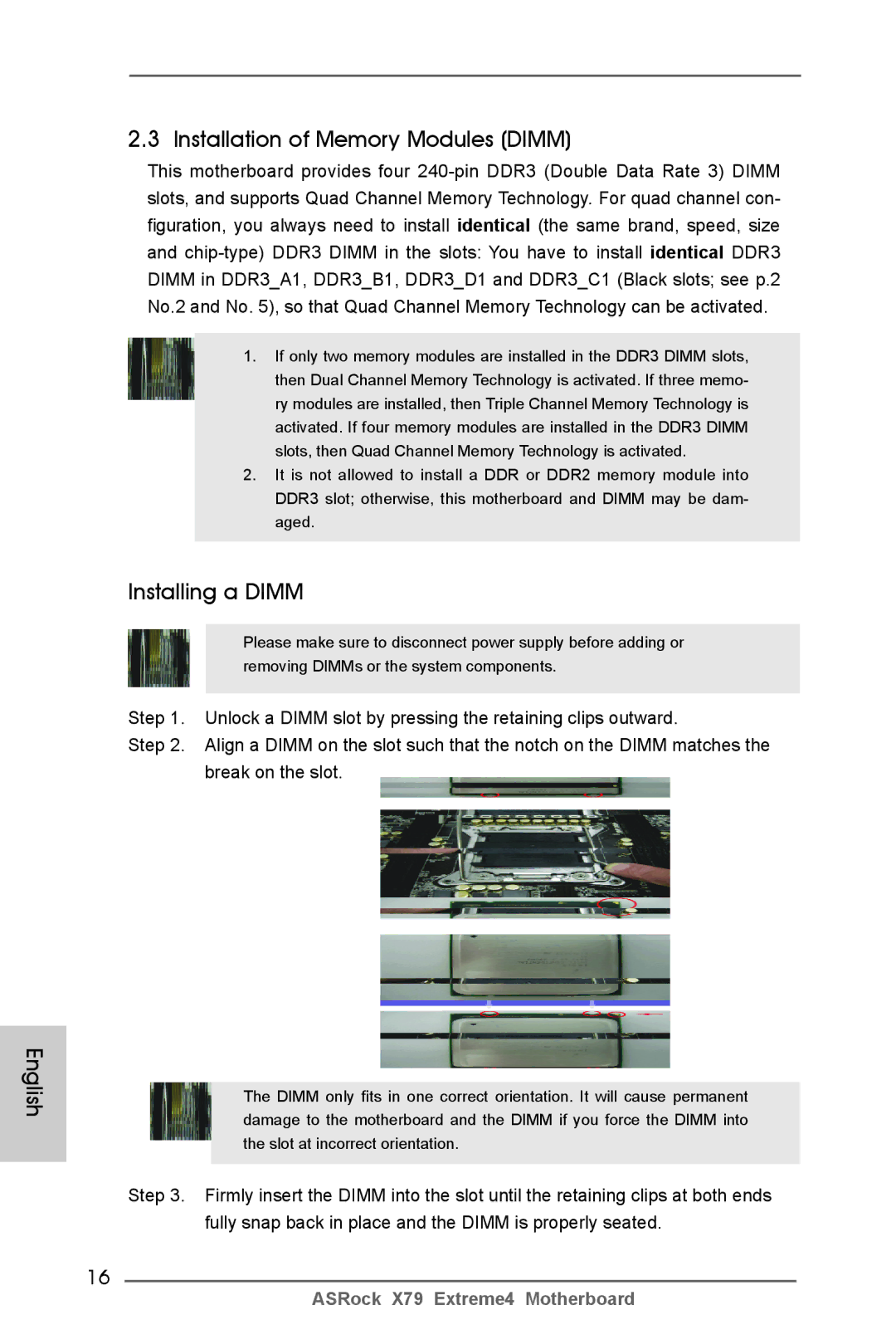 ASRock X79 Extreme4 manual English Installation of Memory Modules Dimm, Installing a Dimm 