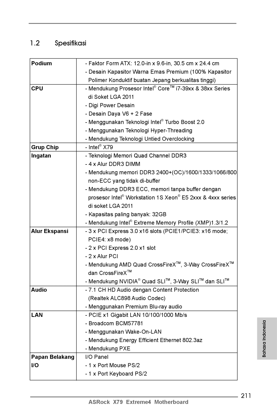 ASRock X79 Extreme4 manual Spesifikasi, 211 