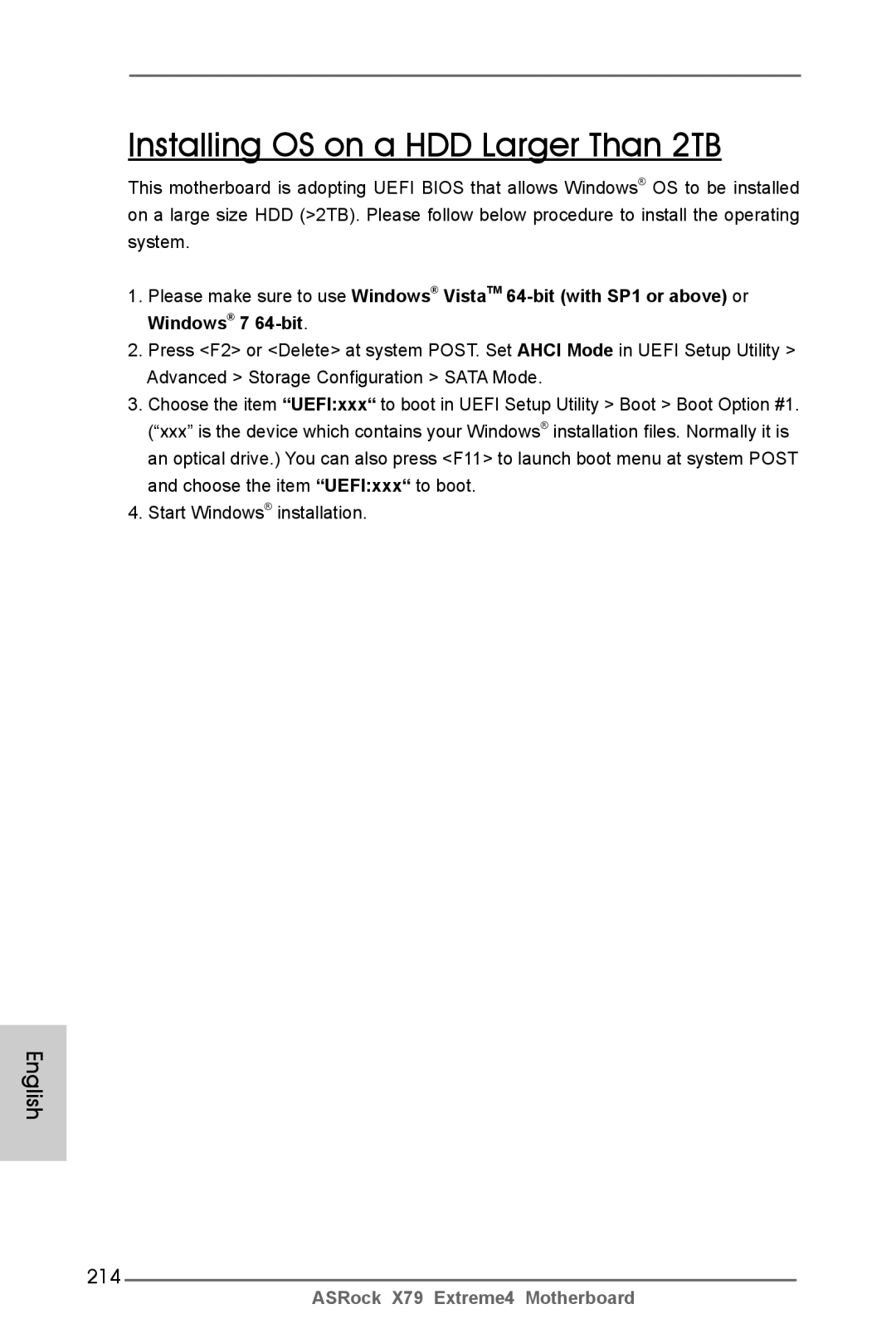 ASRock X79 Extreme4 manual Installing OS on a HDD Larger Than 2TB, 214 