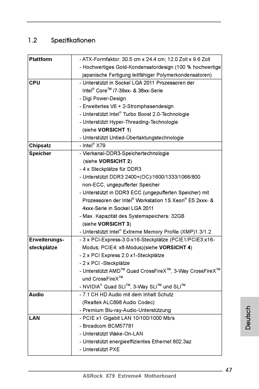 ASRock X79 Extreme4 manual Spezifikationen 