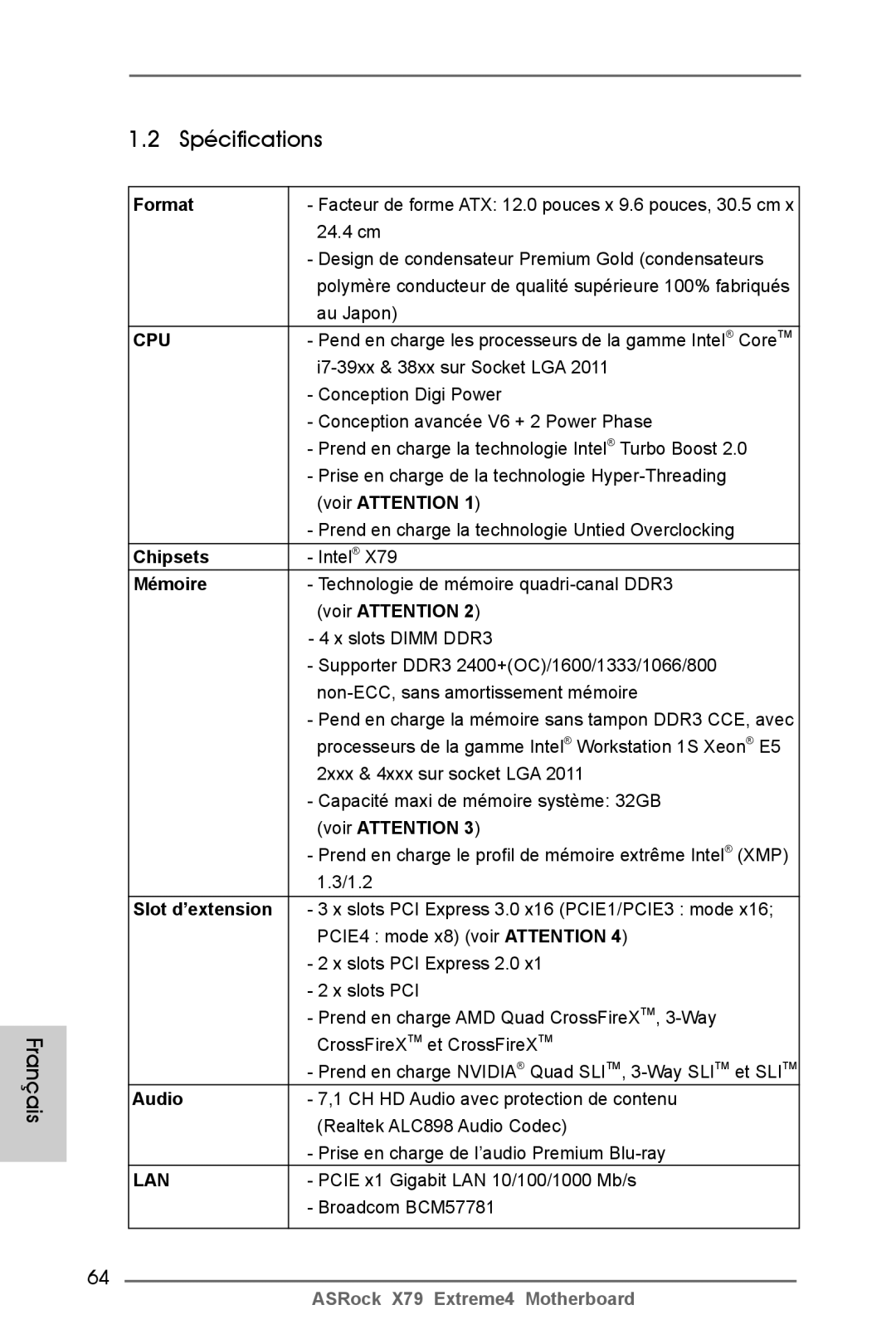 ASRock X79 Extreme4 manual Spécifications 