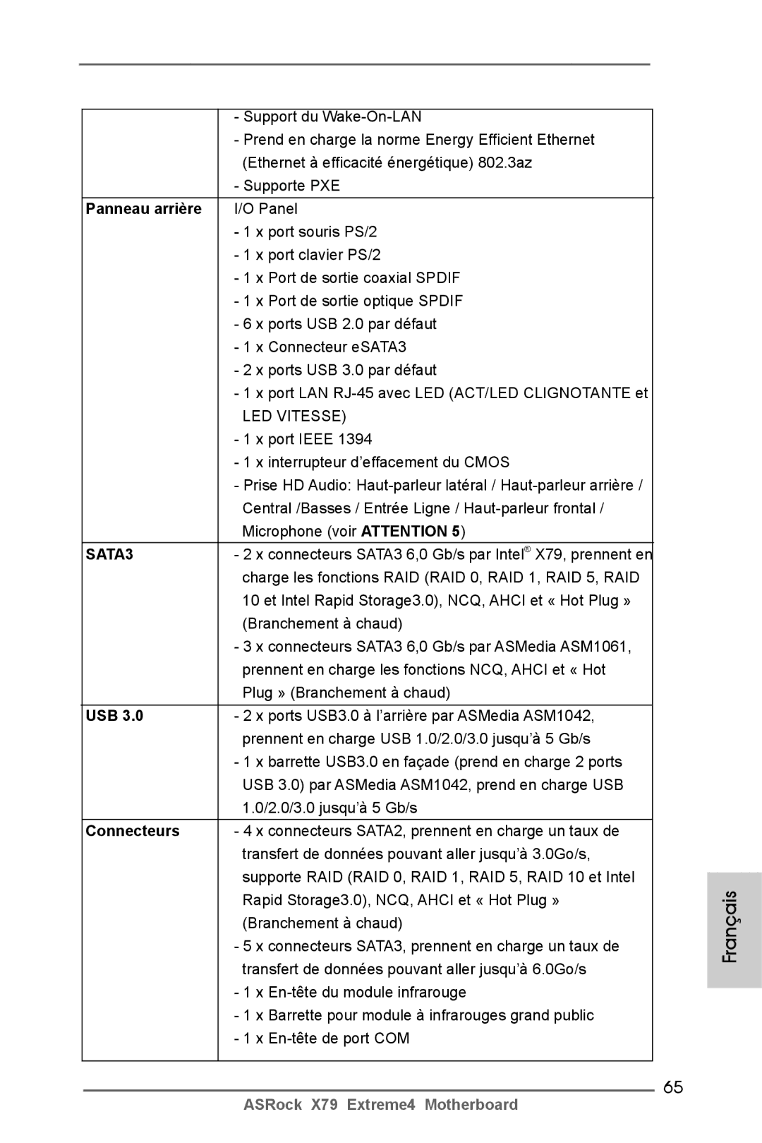 ASRock X79 Extreme4 manual Panneau arrière, Usb, Connecteurs 