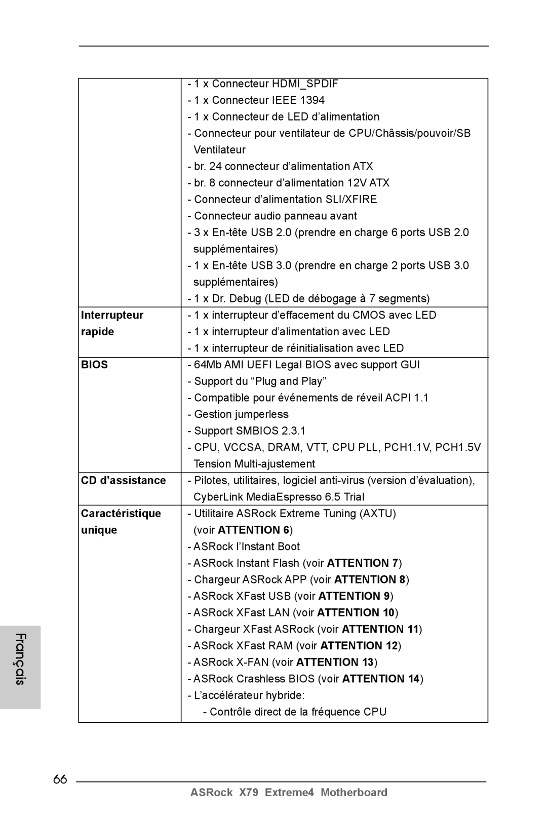 ASRock X79 Extreme4 manual Interrupteur, Rapide, Caractéristique, Unique Voir Attention 