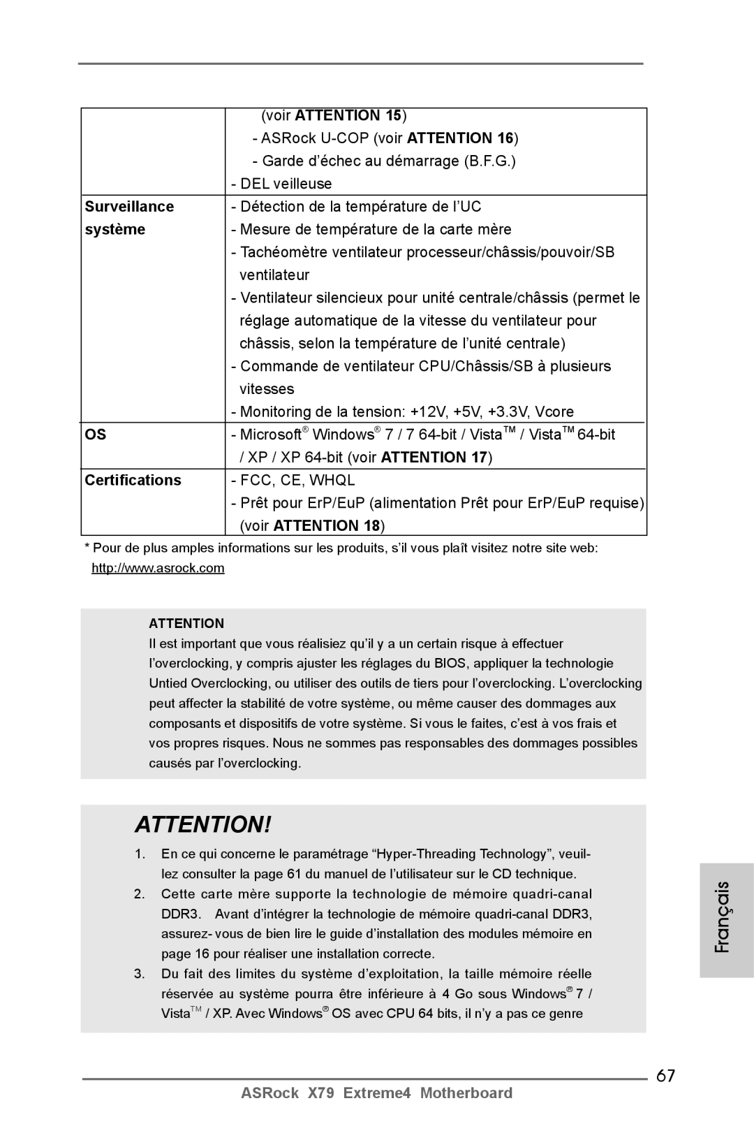 ASRock X79 Extreme4 manual Surveillance, Système 