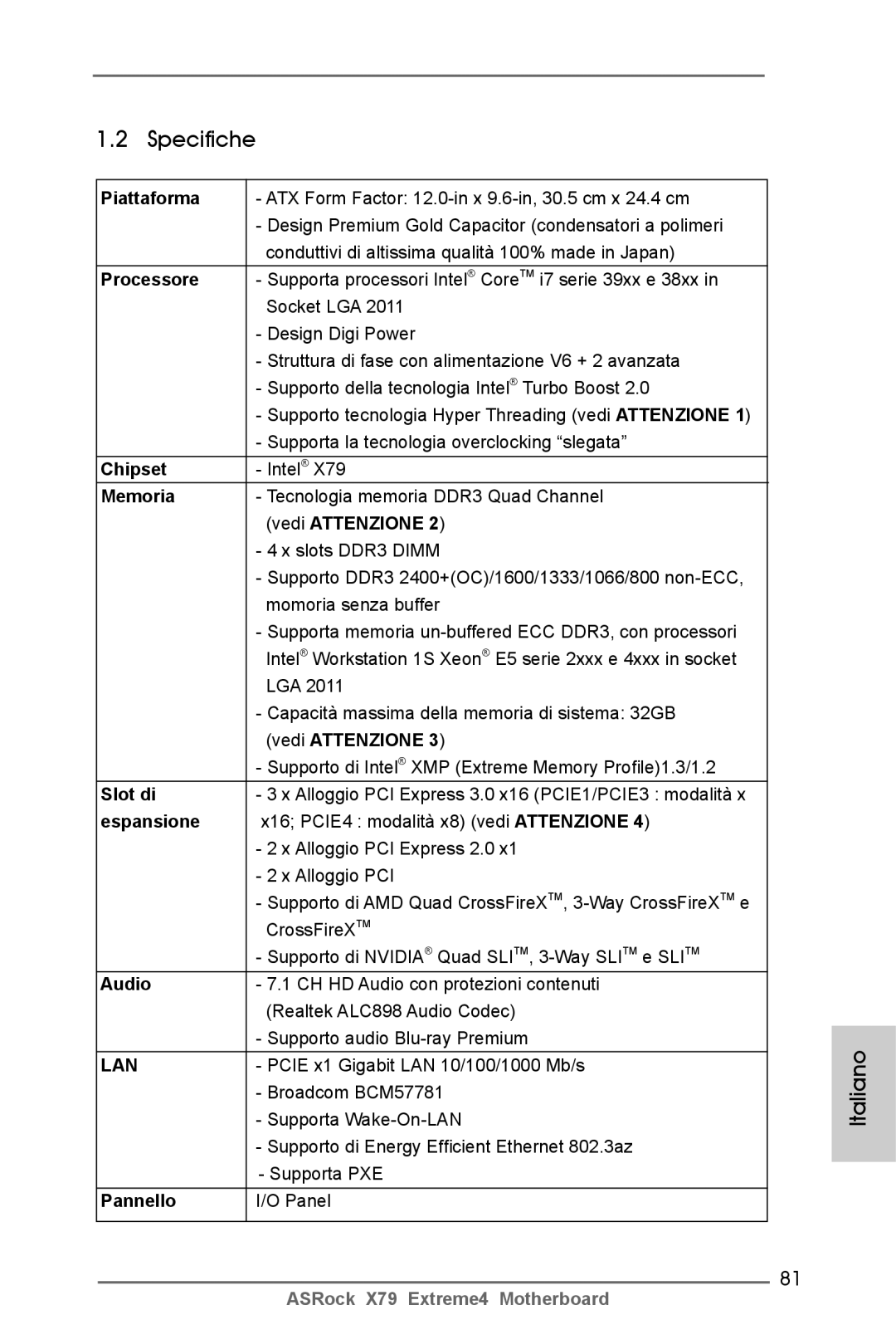 ASRock X79 Extreme4 manual Specifiche 