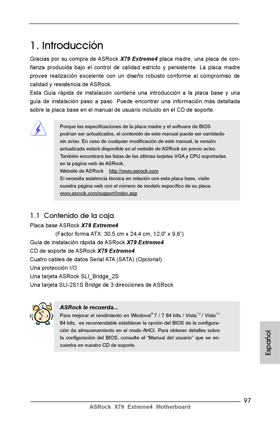 ASRock X79 Extreme4 manual Contenido de la caja, Español 