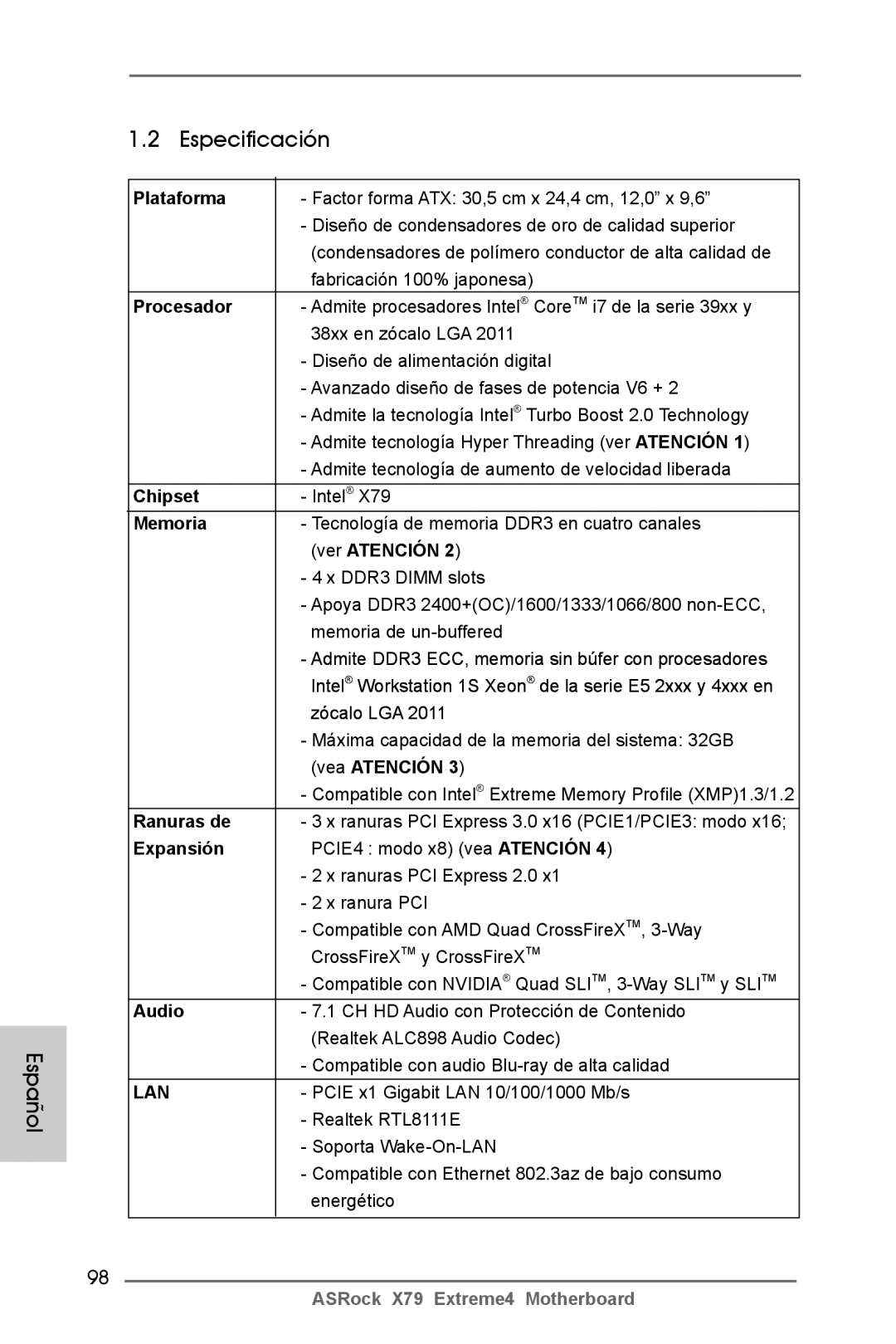 ASRock X79 Extreme4 manual Especificación, Español 