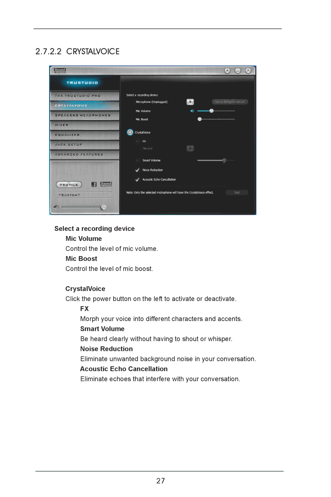 ASRock X79 Extreme9 manual Select a recording device Mic Volume, Mic Boost, CrystalVoice, Noise Reduction 