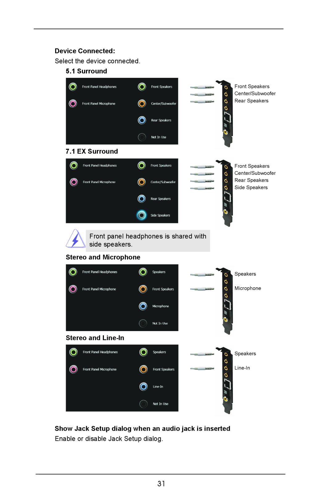 ASRock X79 Extreme9 manual Device Connected, EX Surround, Stereo and Microphone, Stereo and Line-In 